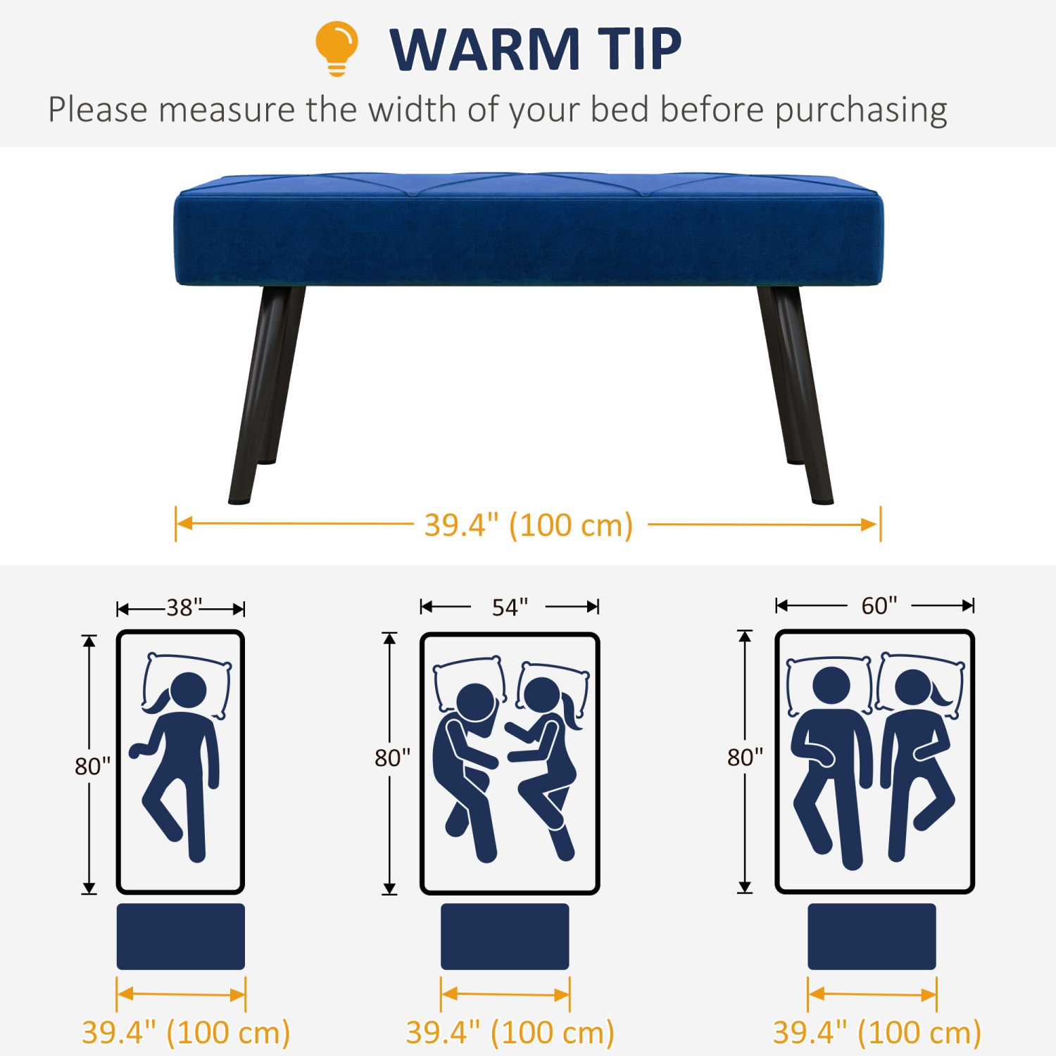 HOMCOM – Banc d’entrée 39 po, revêtement en velours, pattes en acier, banc de chambre à coucher pour le salon, salle à manger, couloir, bleu foncé