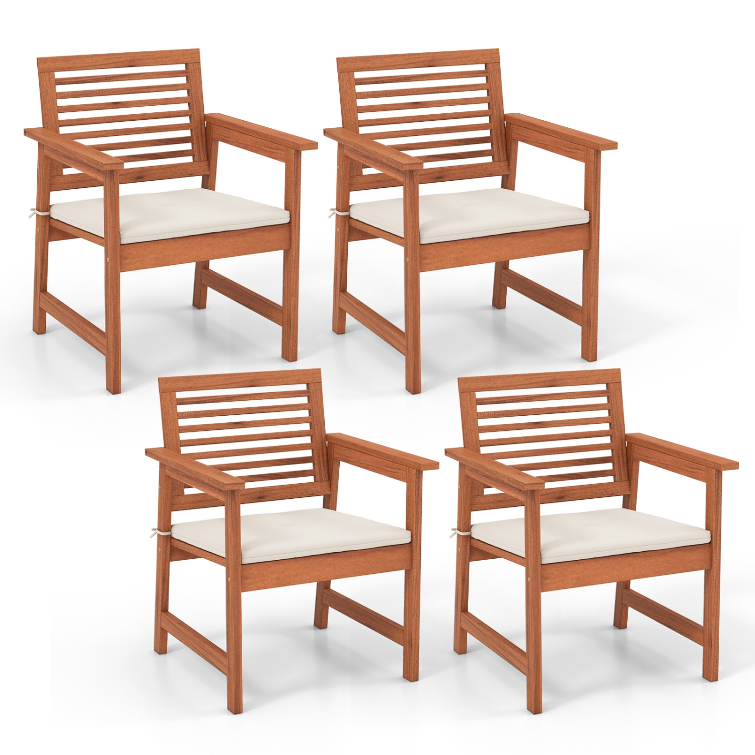 Costway Set of 4 Outdoor Dining Chair Patio Solid Wood Chairs with Comfortable Cushions