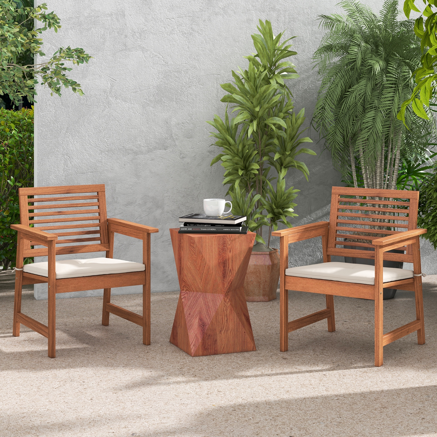 Costway Set of 4 Outdoor Dining Chair Patio Solid Wood Chairs with Comfortable Cushions