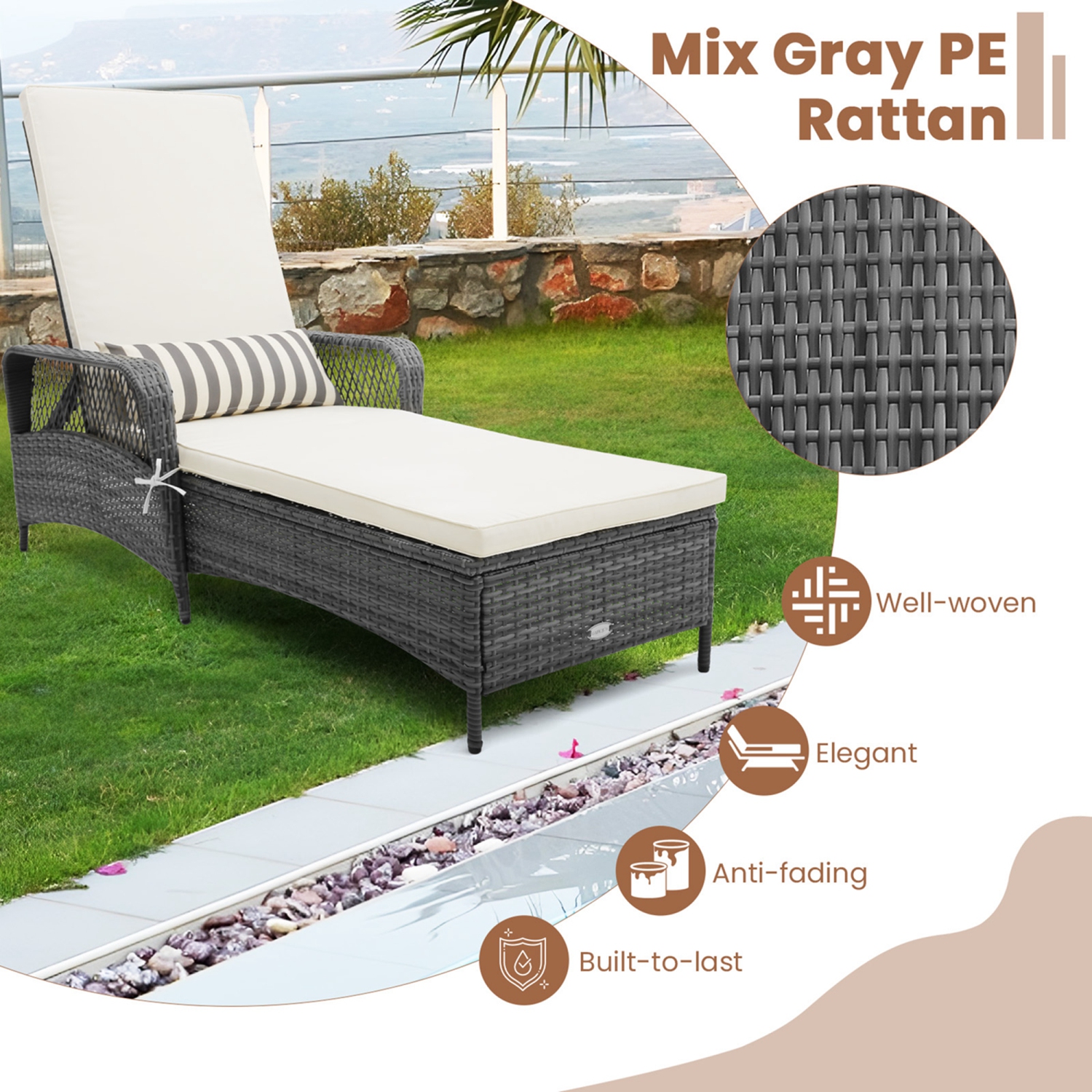 Costway 2 PCS Outdoor Chaise Lounge Chair Patio Recliner with 6-Level Backrest Cushion