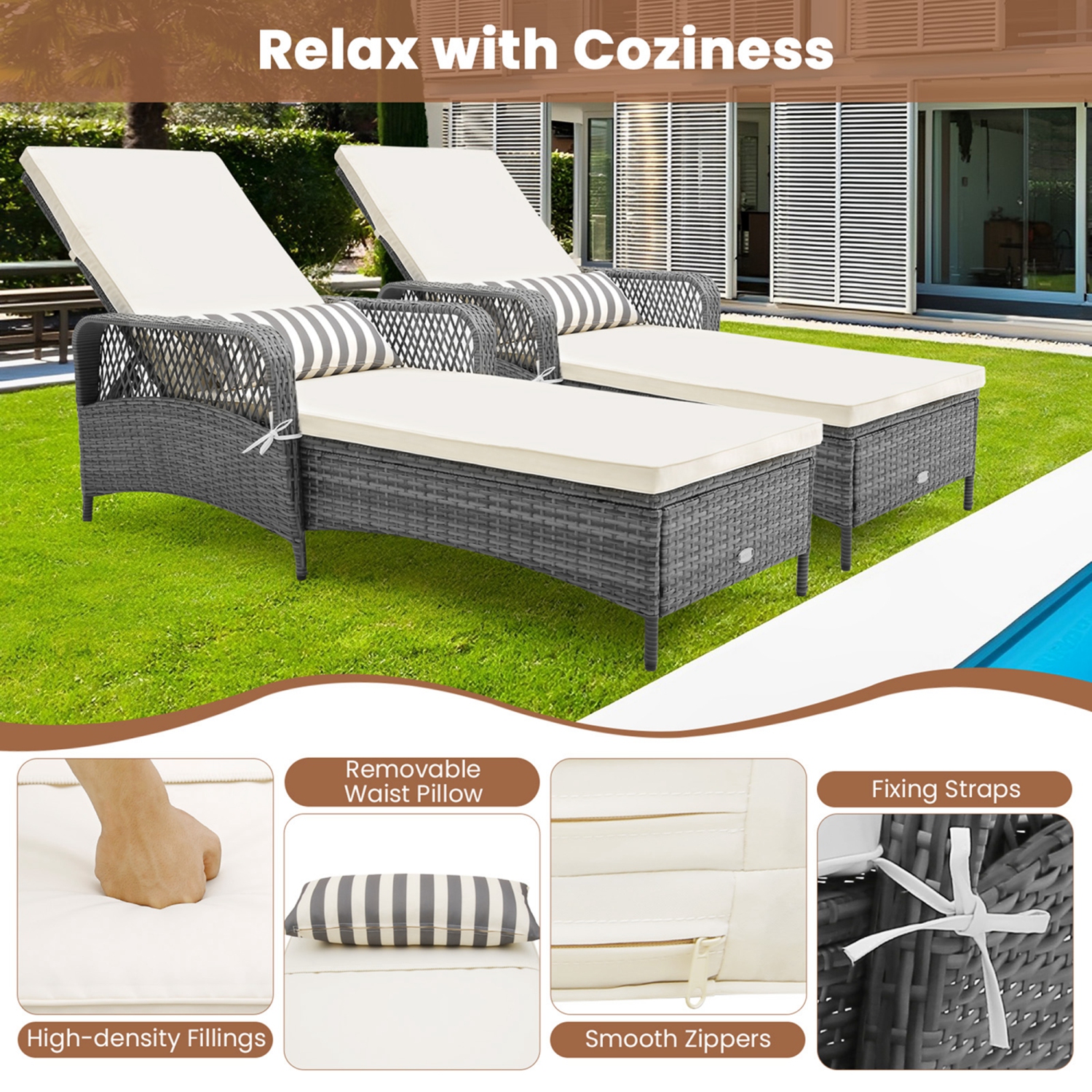 Costway 2 PCS Outdoor Chaise Lounge Chair Patio Recliner with 6-Level Backrest Cushion