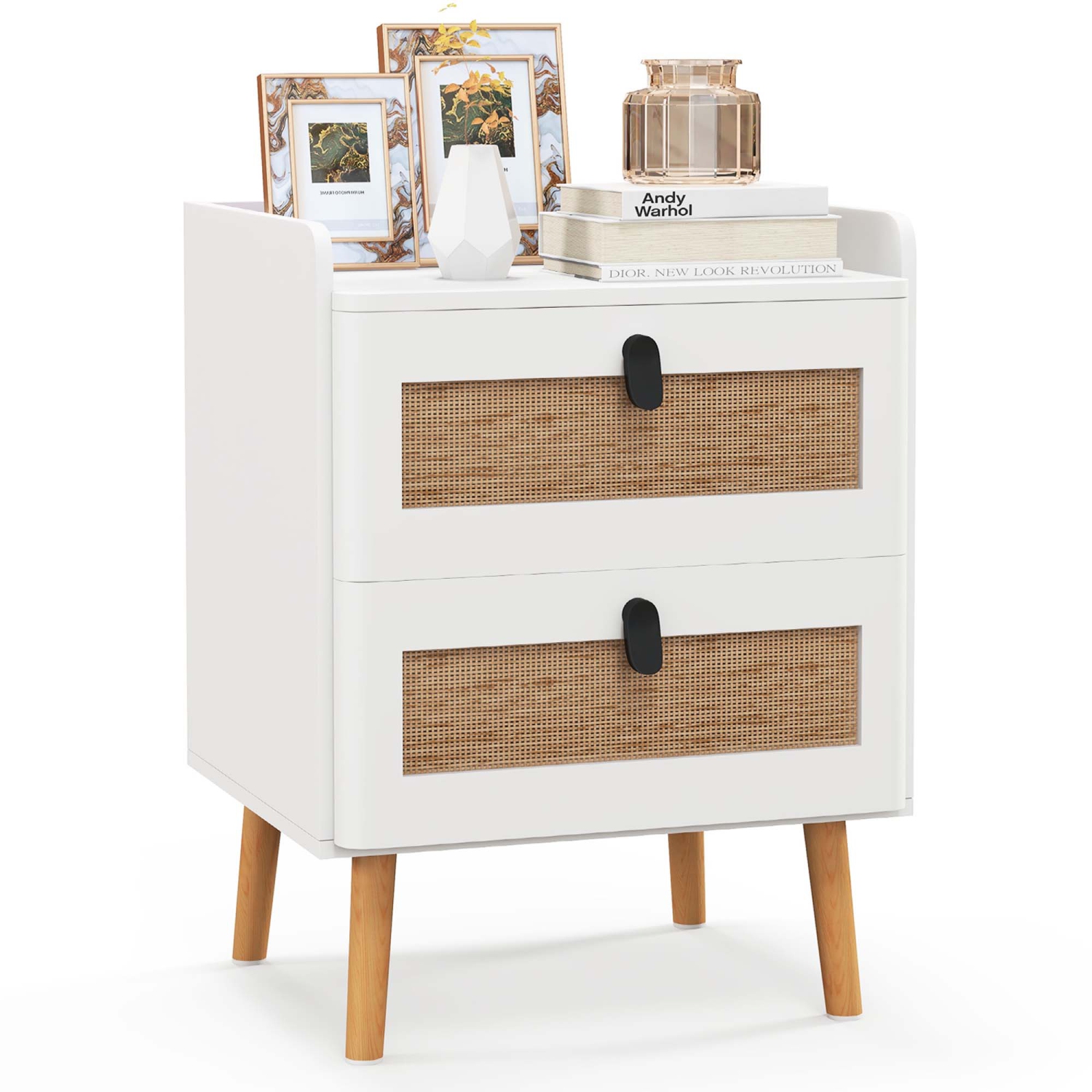 Costway 1 PC Modern Nightstand End Bedside Table with 2 Rattan Drawers & Solid Wood Legs White