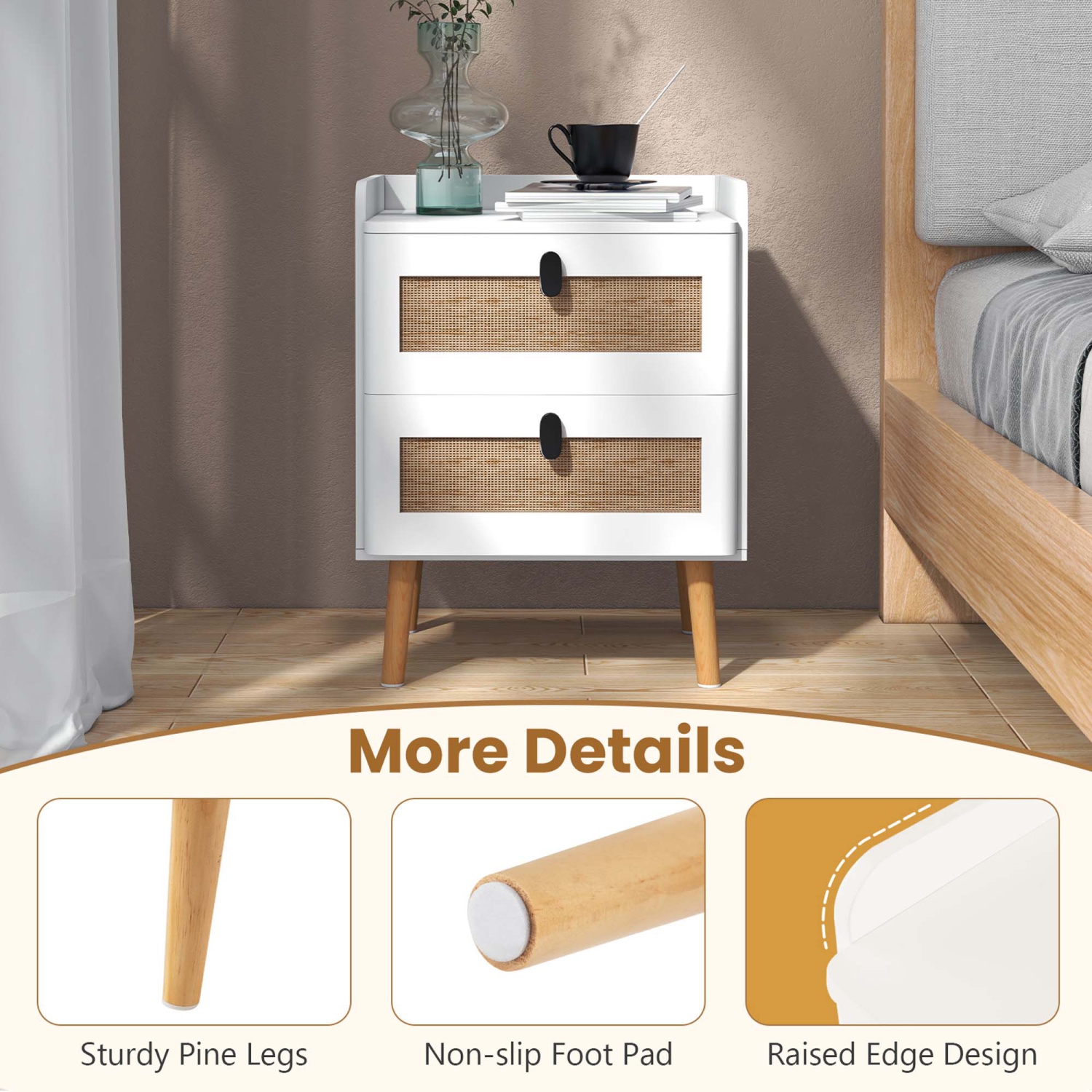Costway 1 PC Modern Nightstand End Bedside Table with 2 Rattan Drawers & Solid Wood Legs White