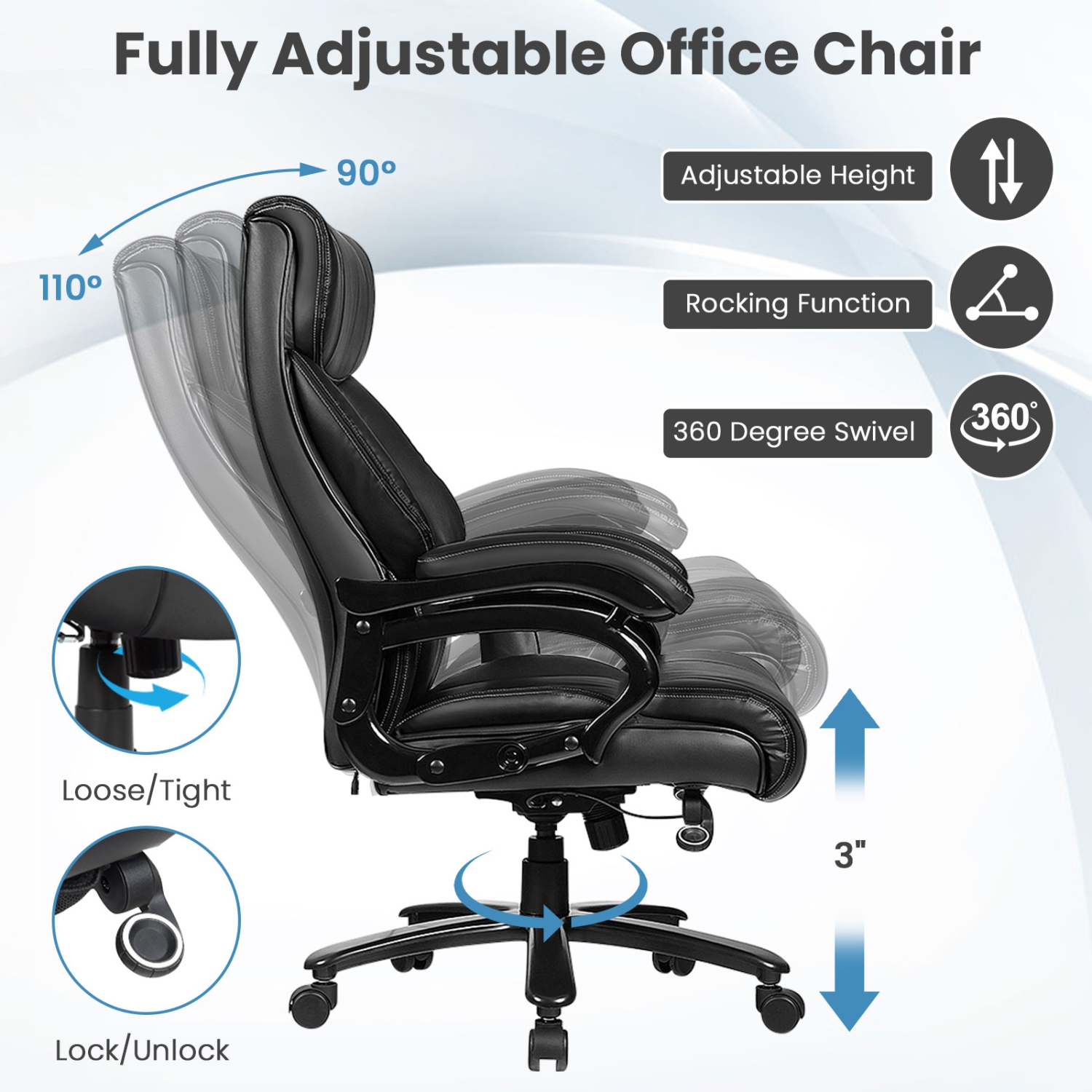 Costway Big and Tall Office Chair 500lbs, Heavy Duty Executive Office Chair with 6 Massage Points, Extra Wide Seat, High Back Ergonomic Leather