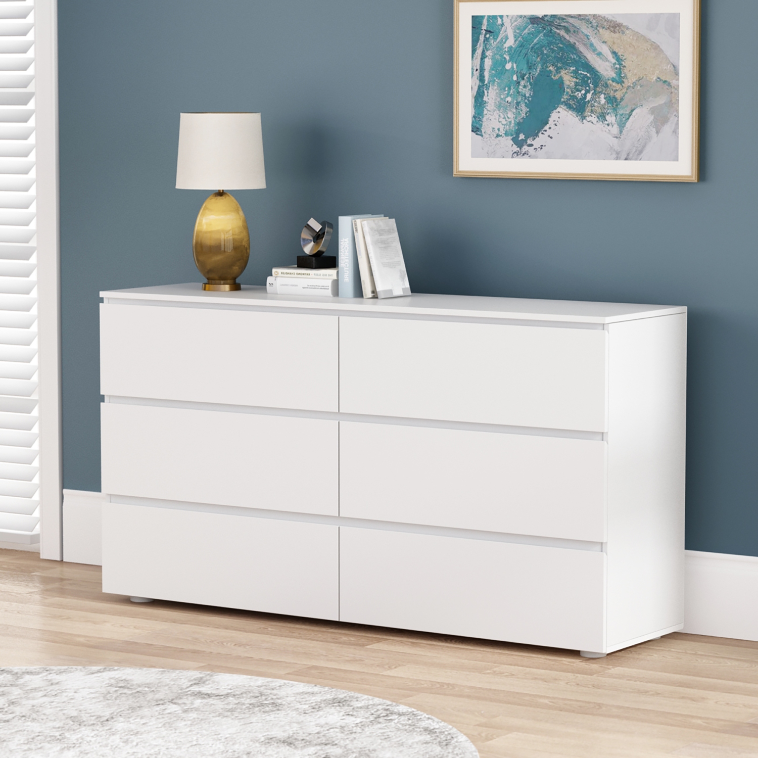 Famapy – Commode de rangement à 6 tiroirs, rangement blanc sans poignée avec tiroirs coulissants pour chambre à coucher, blanc