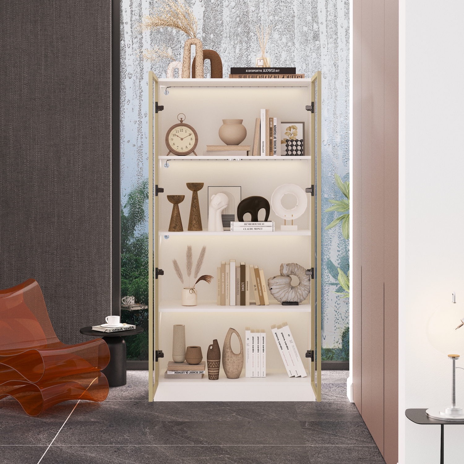 Bibliothèque contemporaine Famapy avec portes en verre, éclairage DEL et tablettes réglables pour le salon ou l'étude Blanc