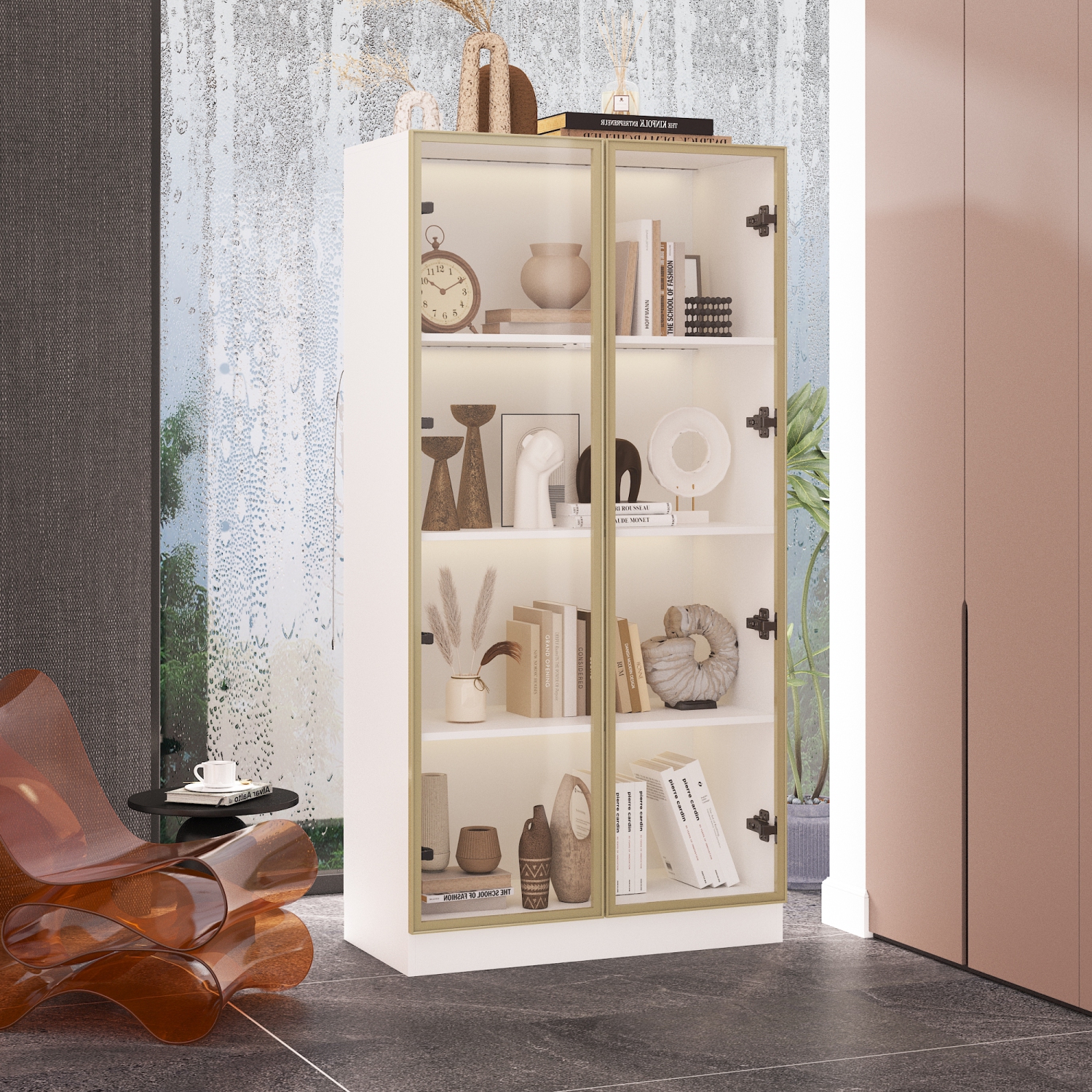 Bibliothèque contemporaine Famapy avec portes en verre, éclairage DEL et tablettes réglables pour le salon ou l'étude Blanc