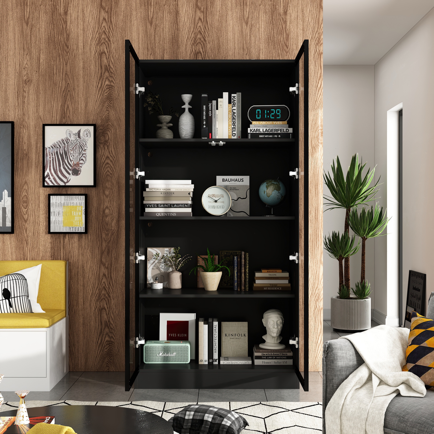 Bibliothèque moderne à porte en verre Famapy avec tablettes réglables et éclairage DEL pour salon ou bureau Noir