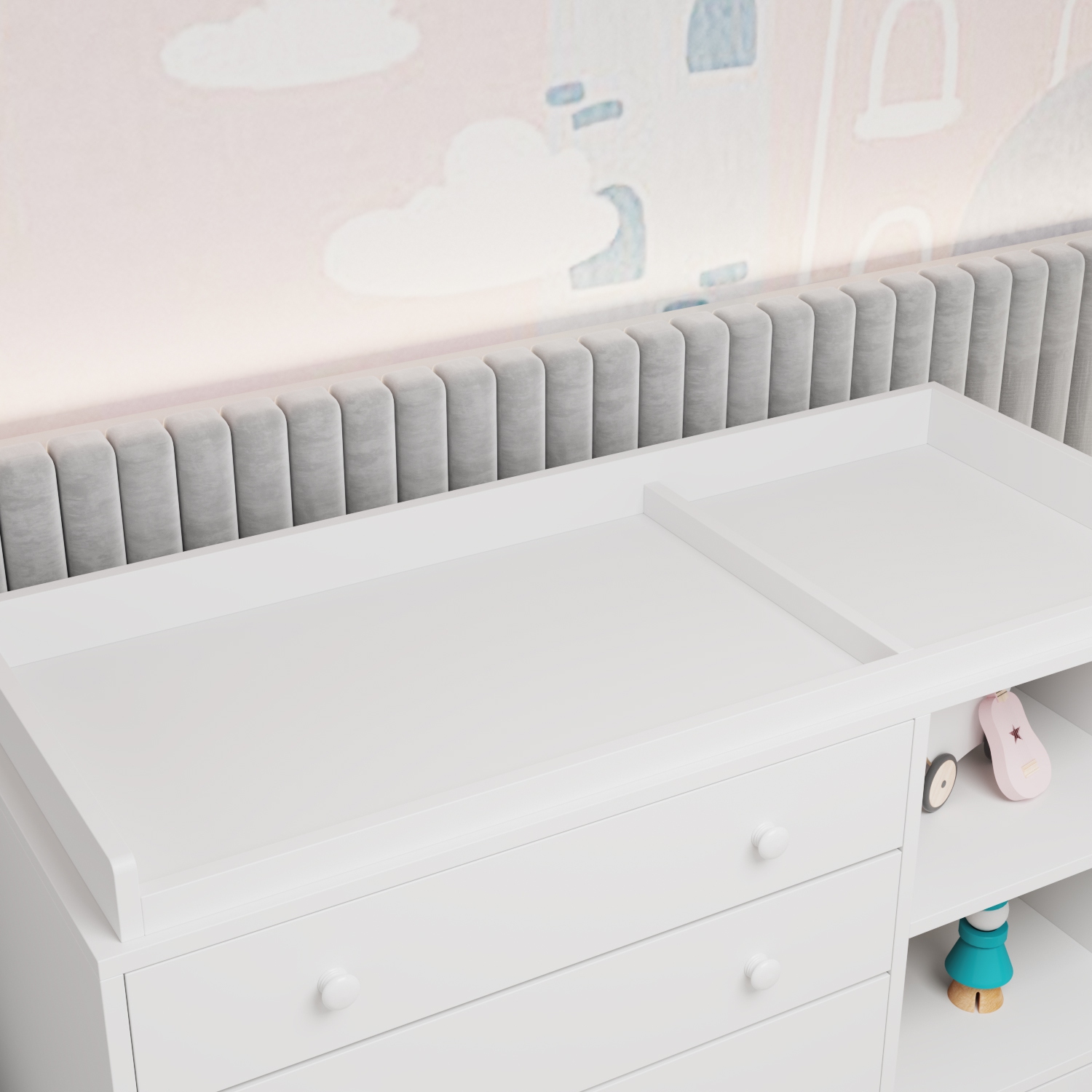 Commode à 5 tiroirs avec tablettes ouvertes Famapy, rangement spacieux pour chambre à coucher ou chambre de bébé, blanc