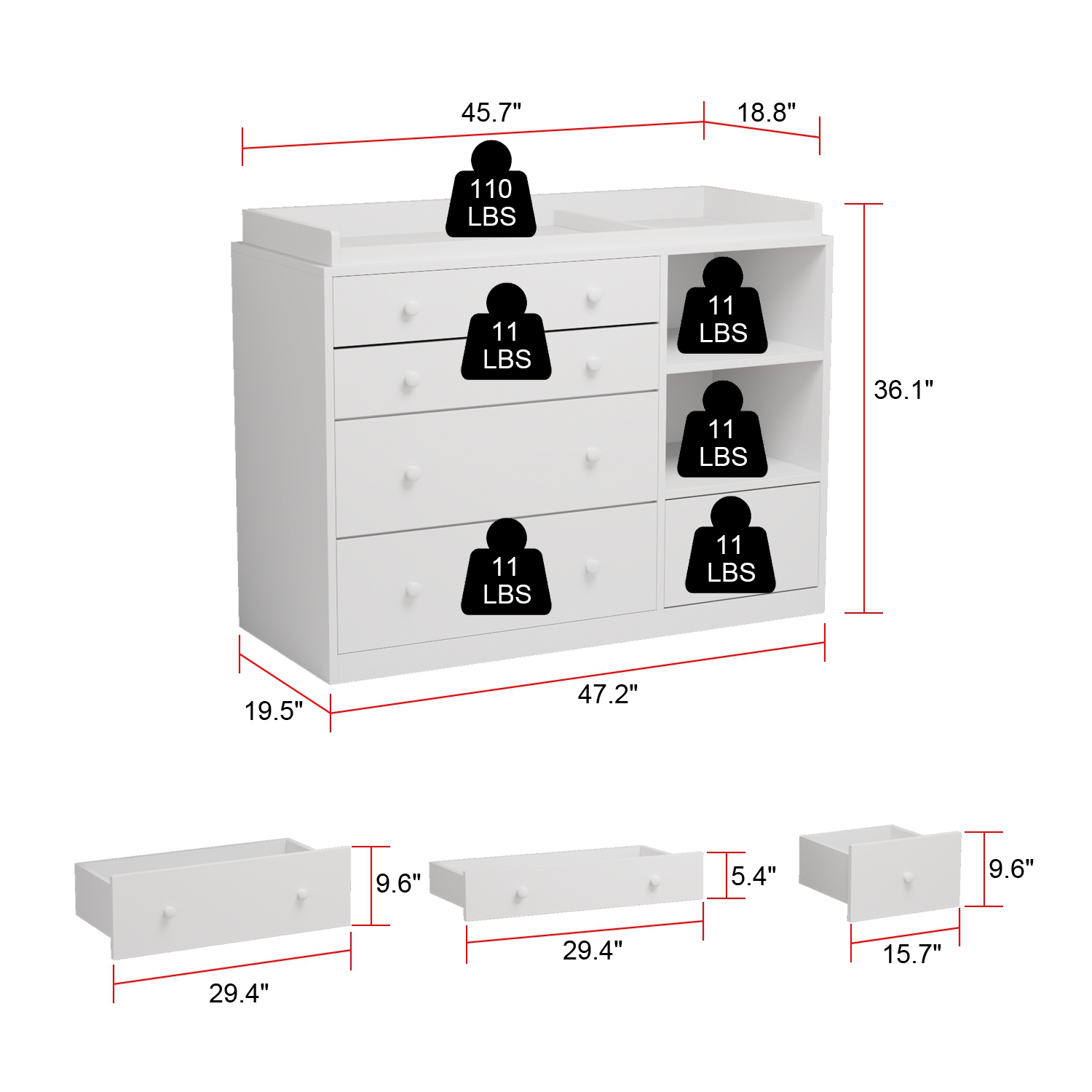 Commode à 5 tiroirs avec tablettes ouvertes Famapy, rangement spacieux pour chambre à coucher ou chambre de bébé, blanc