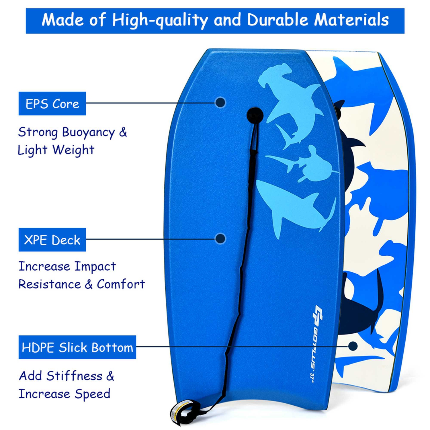Planche de surf Super BodyBoard légère de 33 po de Goplus avec laisse EPS Core Boarding Blue Shark