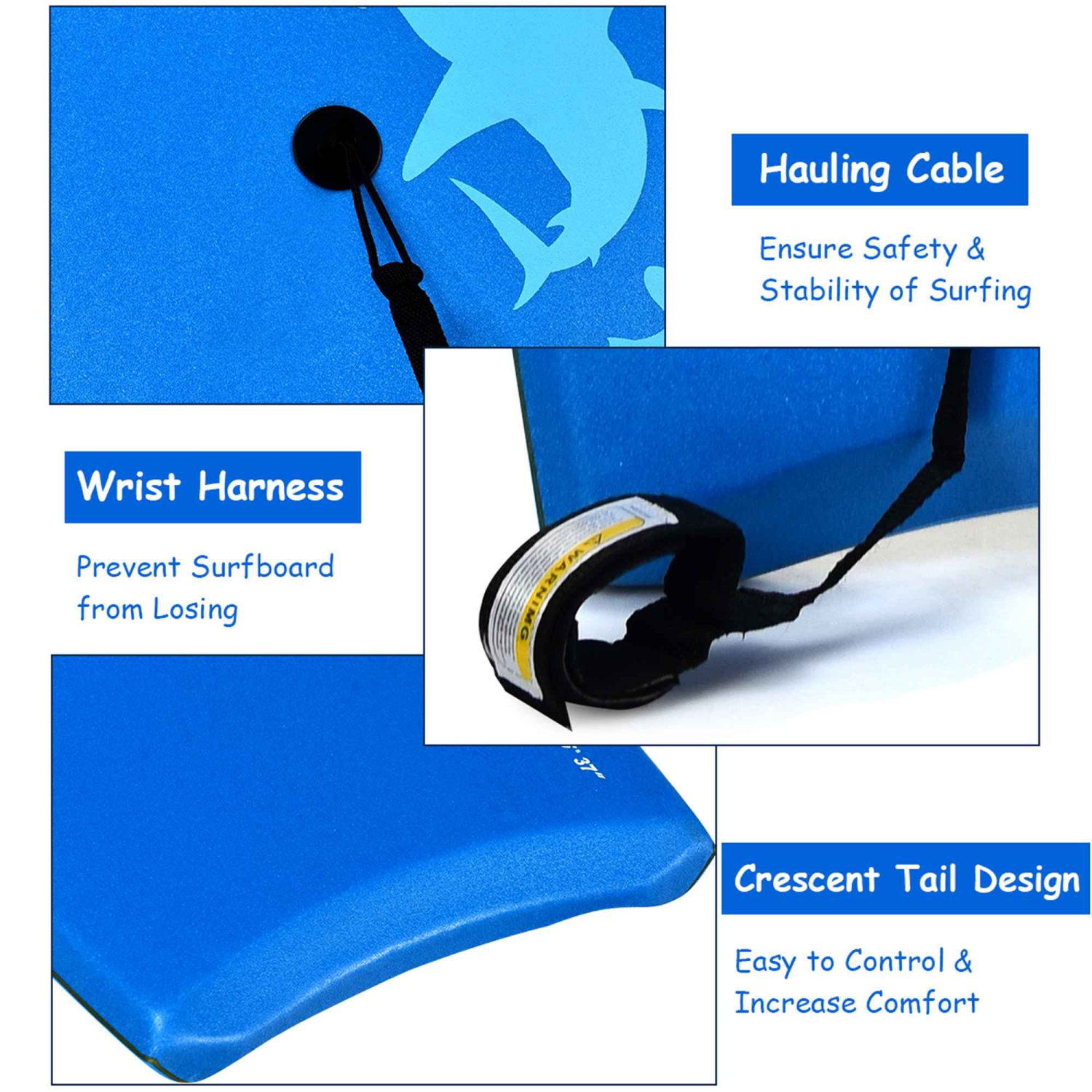 Planche de surf Super BodyBoard légère de 33 po de Goplus avec laisse EPS Core Boarding Blue Shark