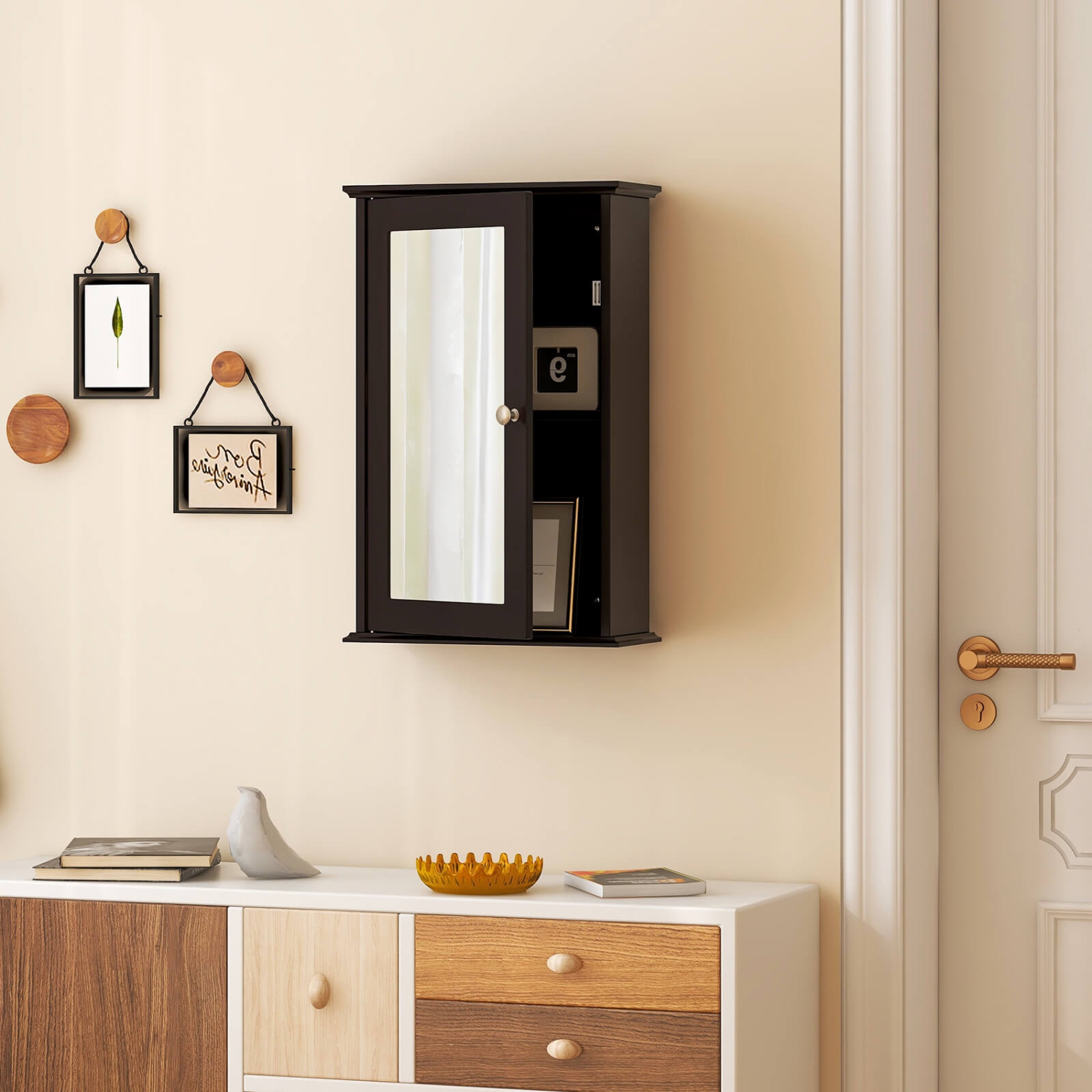 Costway Bathroom Wall Cabinet Single Mirror Door Cupboard Storage Wood Shelf