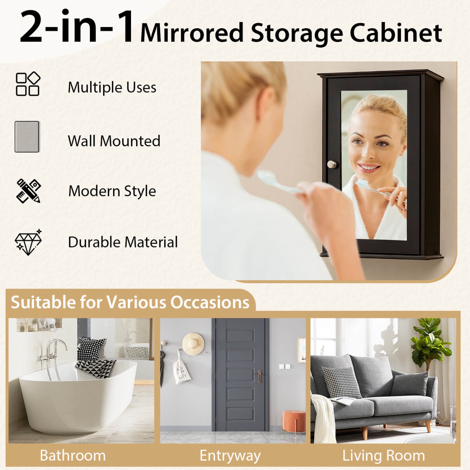 Costway Bathroom Wall Cabinet Single Mirror Door Cupboard Storage Wood Shelf