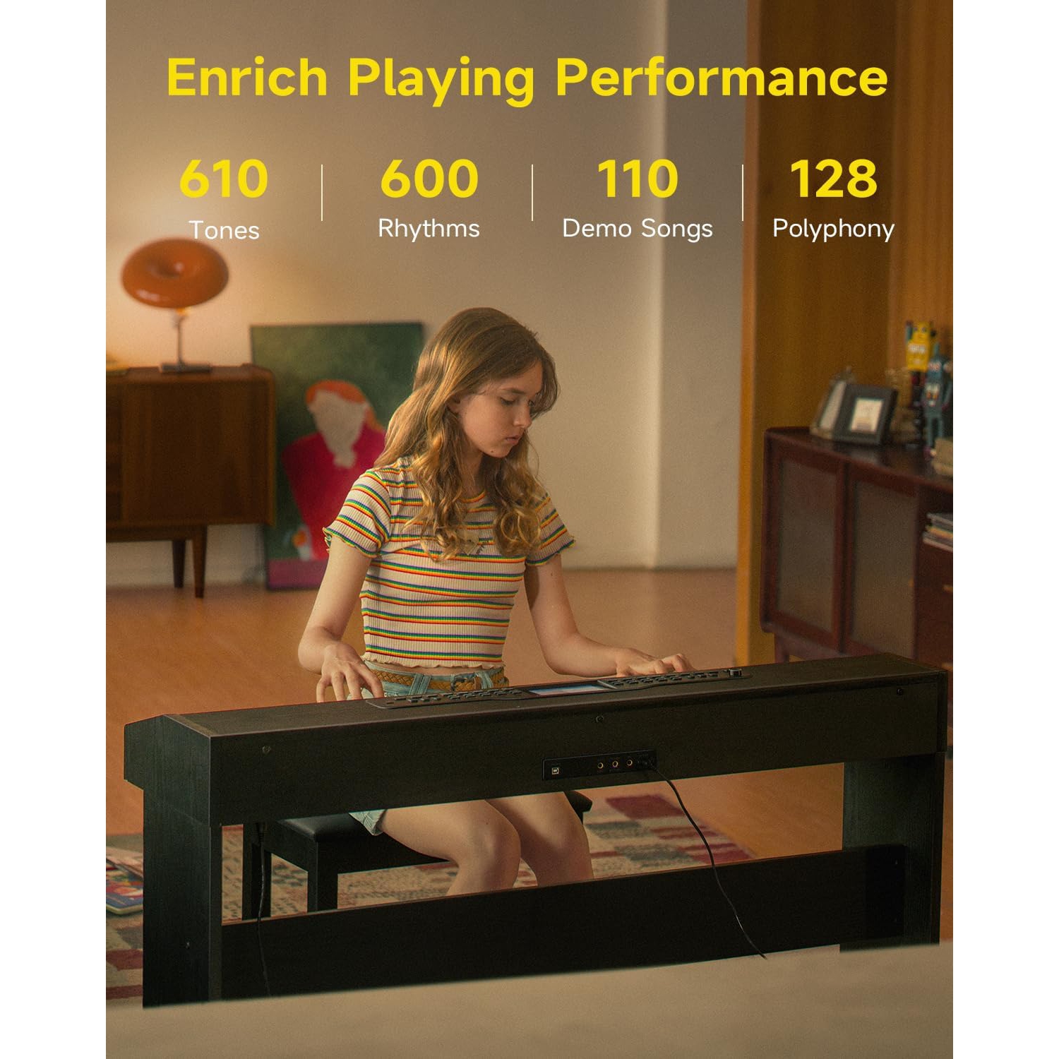 Piano numérique à 95 88 touches lestées DDP-pour débutant | clavier pleine grandeur avec écran ACL, 610 tonalités, 600 rythmes, 110 démos, 3 modes