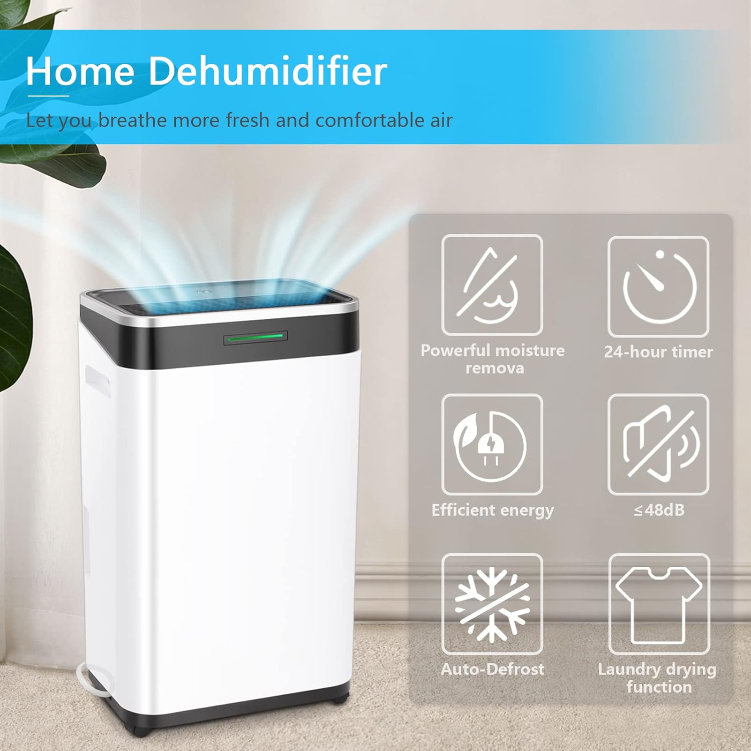 ZAFRO Dehumidifier for Home 45Pints/Day, Garage dehumidifier with Low Noise,Basement Dehumidifier with Drain Hose,6500ML Water Tank,Intelligent