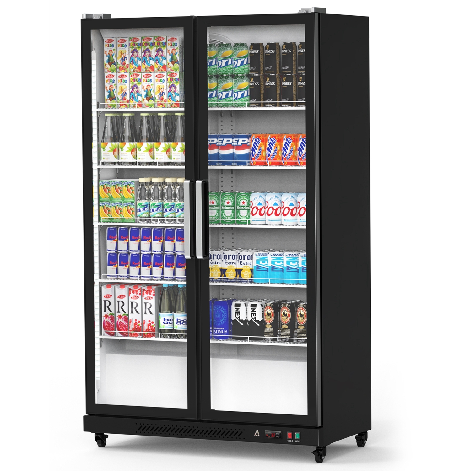 Acekool Commercial Display Refrigerator 27.1 Cu.Ft, Double Glass Door Upright Merchandiser Beverage Cooler with Wheels & LED Lighting
