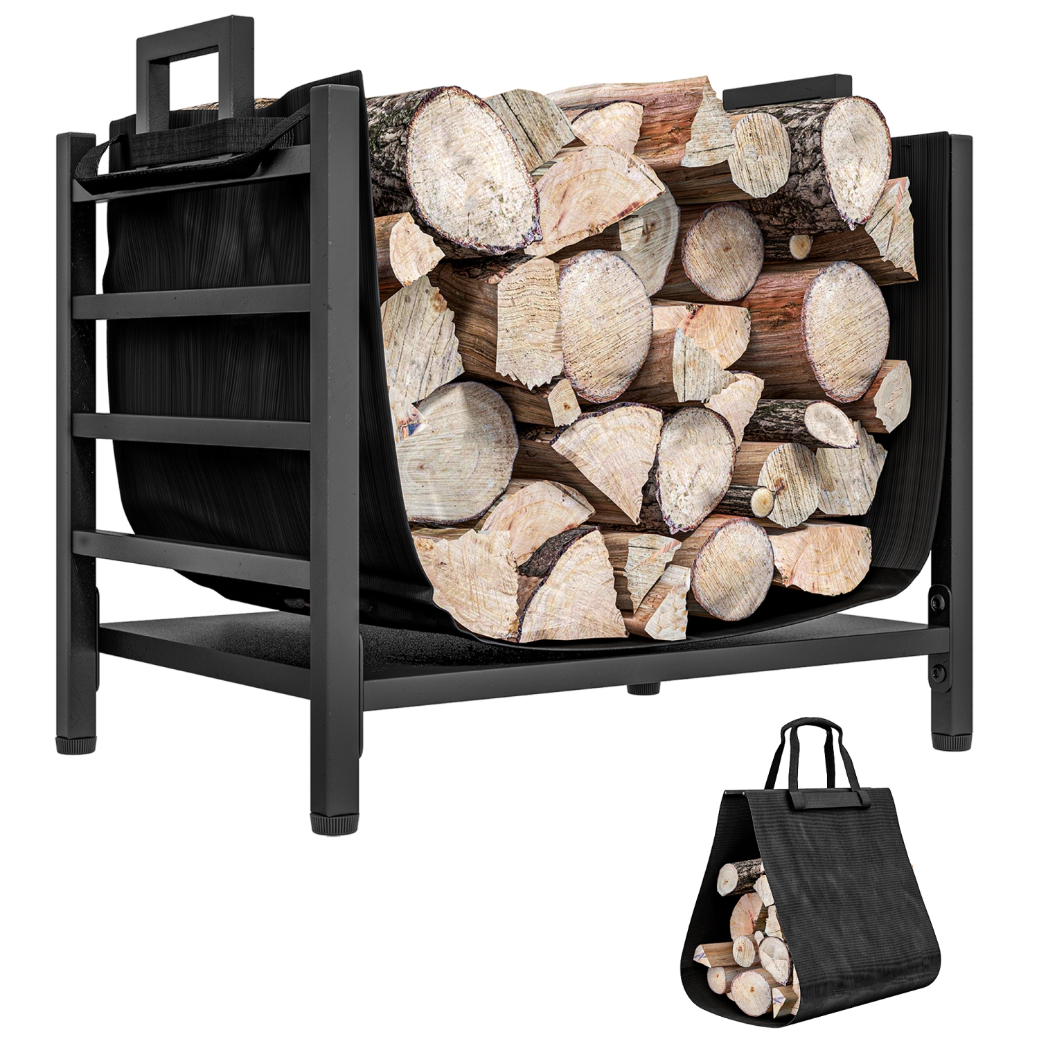 Outsunny 19 Inch Firewood Rack Outdoor with Removable Log Carrier, Heavy Duty Wood Storage Holder with Handles, Indoor Outdoor Log Rack for