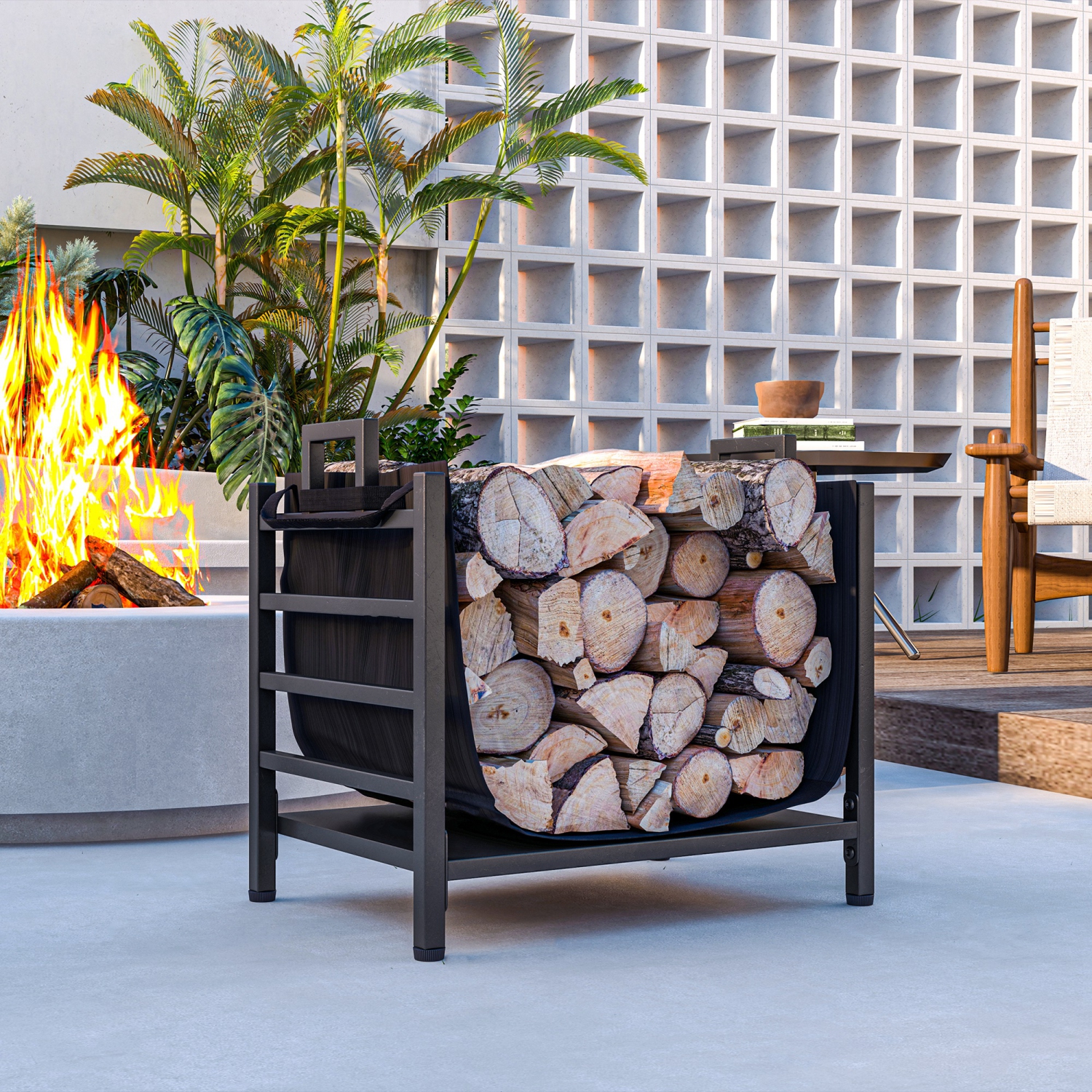 Outsunny 19 Inch Firewood Rack Outdoor with Removable Log Carrier, Heavy Duty Wood Storage Holder with Handles, Indoor Outdoor Log Rack for