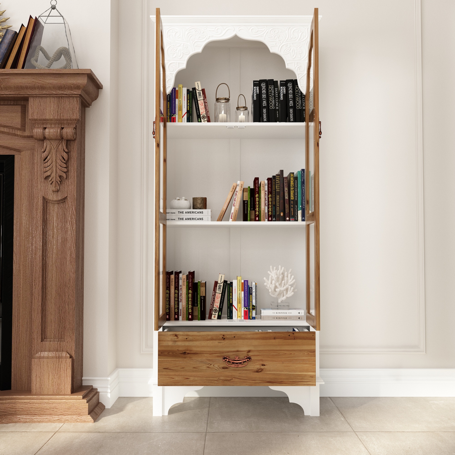 Bibliothèque style rétro Famapy avec détails sculptés, portes en verre et tiroir en bois, bois blanc et bois naturel