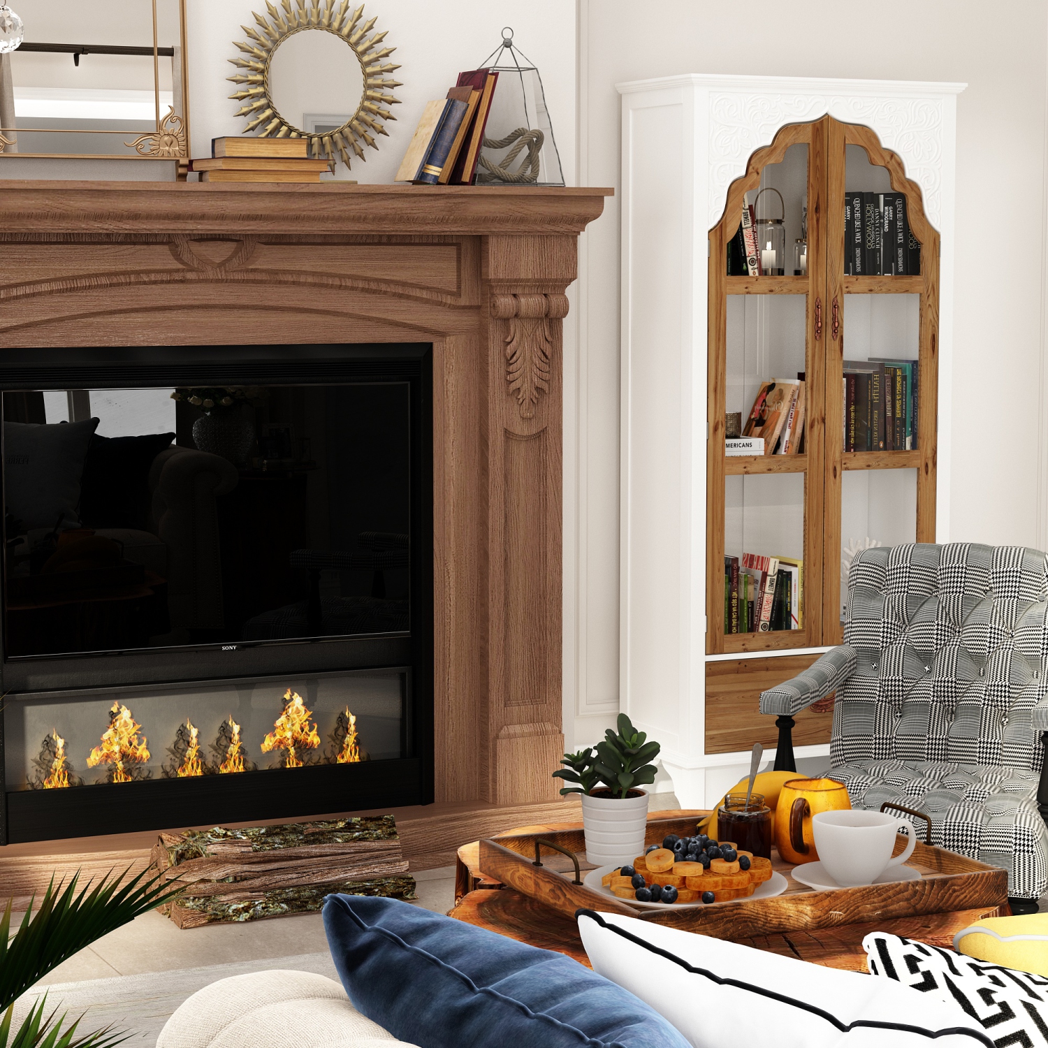 Bibliothèque style rétro Famapy avec détails sculptés, portes en verre et tiroir en bois, bois blanc et bois naturel