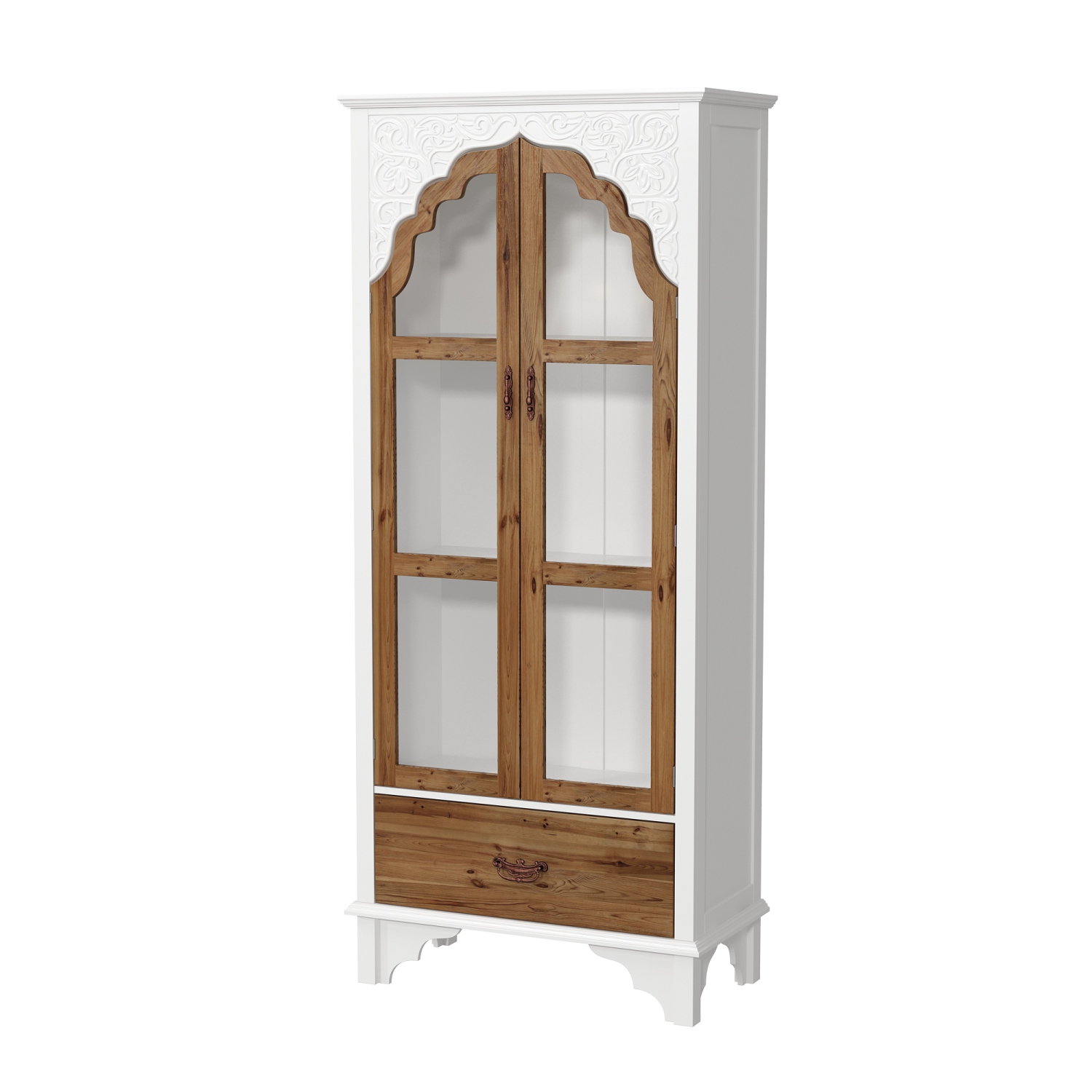 Bibliothèque style rétro Famapy avec détails sculptés, portes en verre et tiroir en bois, bois blanc et bois naturel