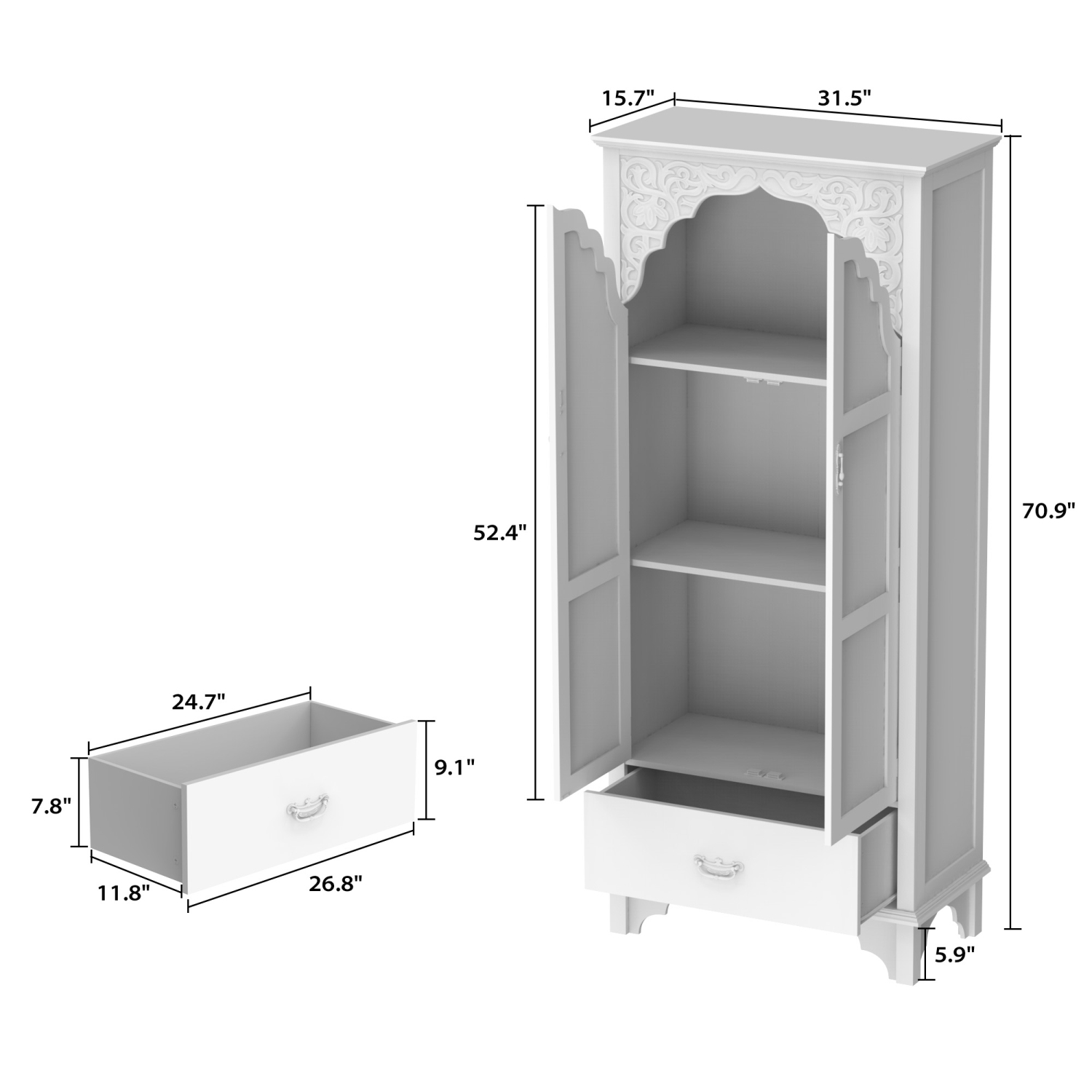 Bibliothèque style rétro Famapy avec détails sculptés, portes en verre et tiroir en bois, bois blanc et bois naturel