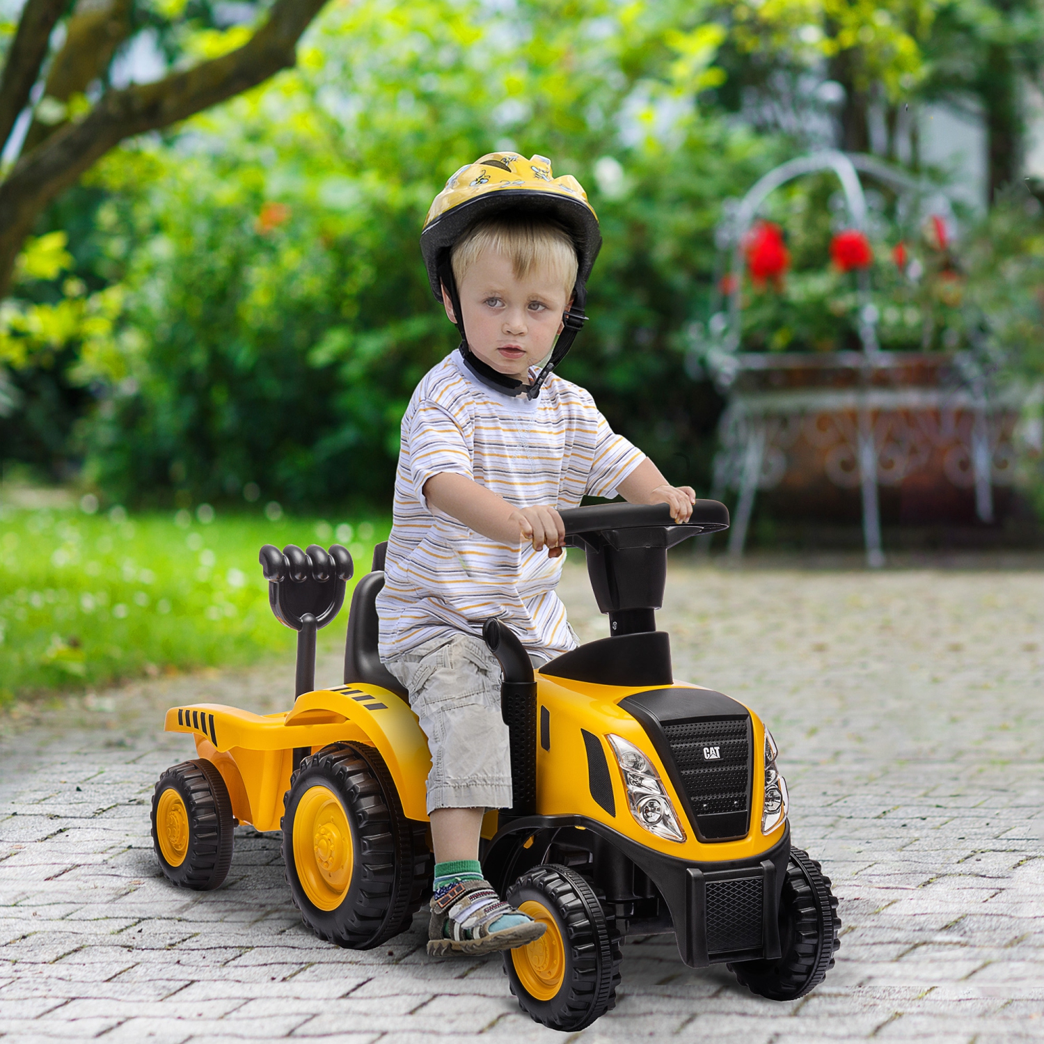 Qaba Ride On Tractor, Caterpillar Licensed Kids Ride on Toys Push Car with Shovel, Detachable Trailer, No Power Construction Car for Toddlers 18-36