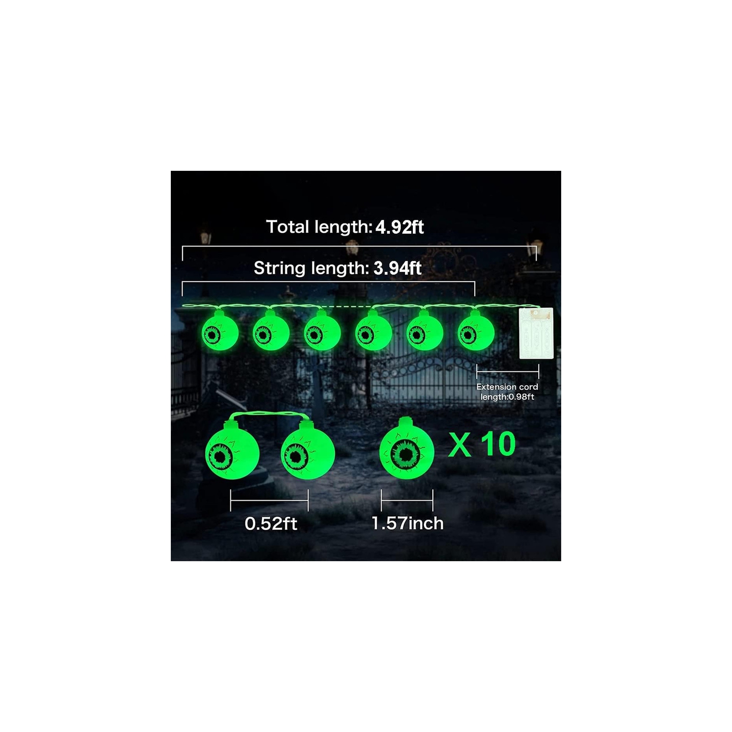 YOULIGHTS Halloween Eyeball String Lights, 5ft 10 LED Halloween Light String, Battery Operated Green Eyeball Shaped LED Light for Halloween Party