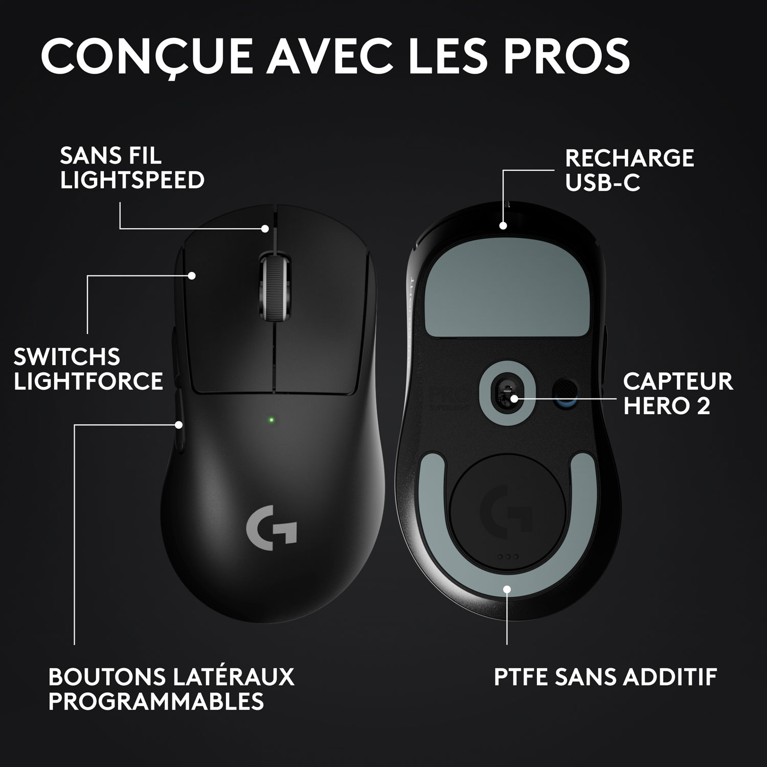 Souris de jeu optique sans fil légère à 5 boutons de 44 000 ppp PRO X SUPERLIGHT 2 DEX de Logitech - Noir