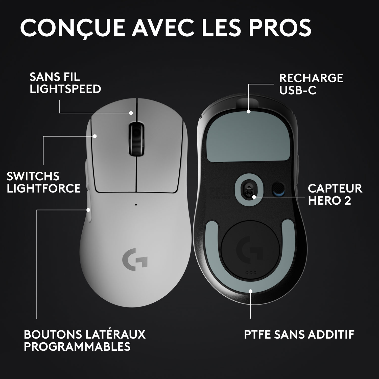 Souris de jeu optique sans fil légère à 5 boutons de 44 000 ppp PRO X SUPERLIGHT 2 DEX de Logitech - Blanc