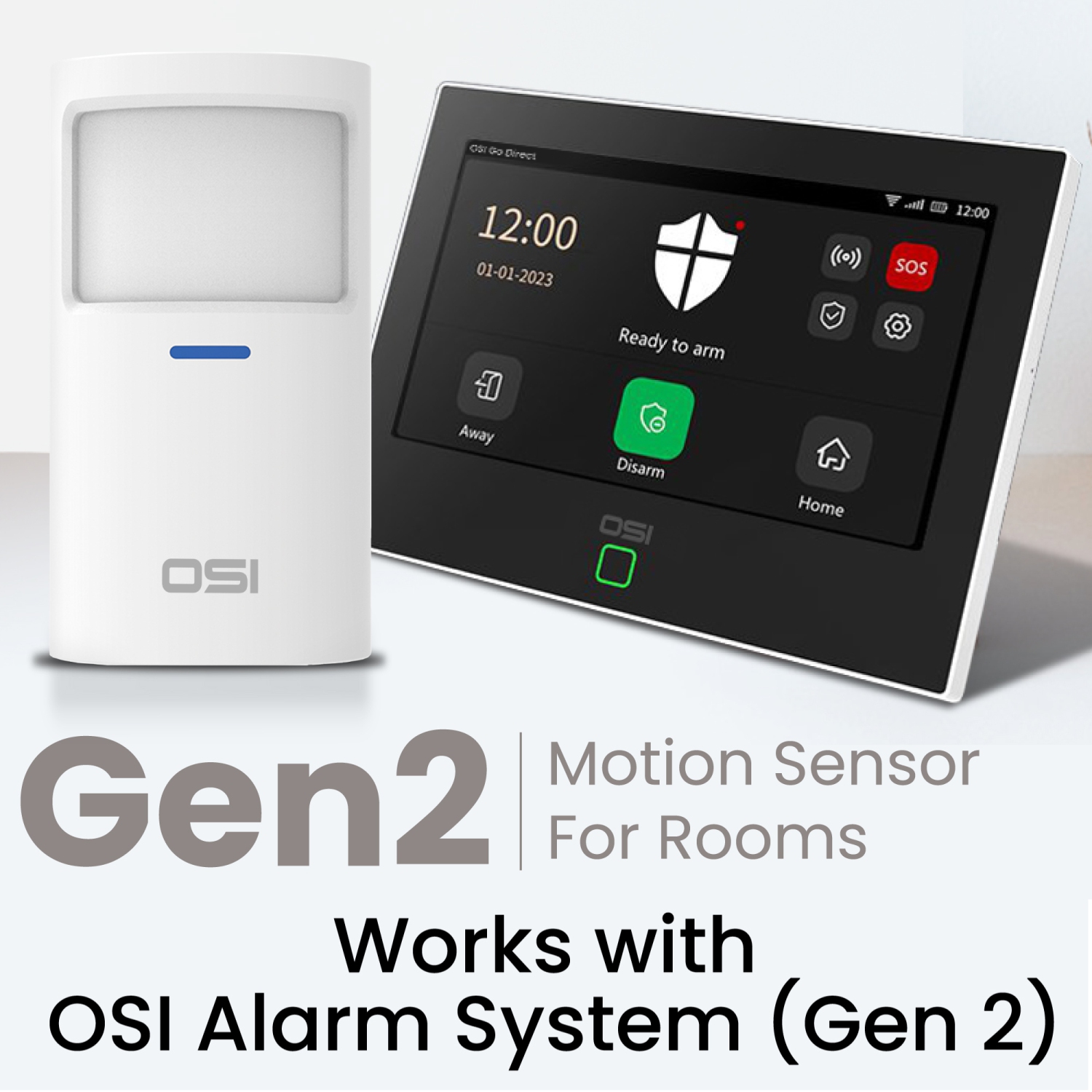 OSI Wireless Motion Sensors 2 Pack - Accessory for OSI Smart Alarm System (Gen 2), Wireless, Includes 2 AA Batteries, Pet Immunity, Wide Angle 110°.