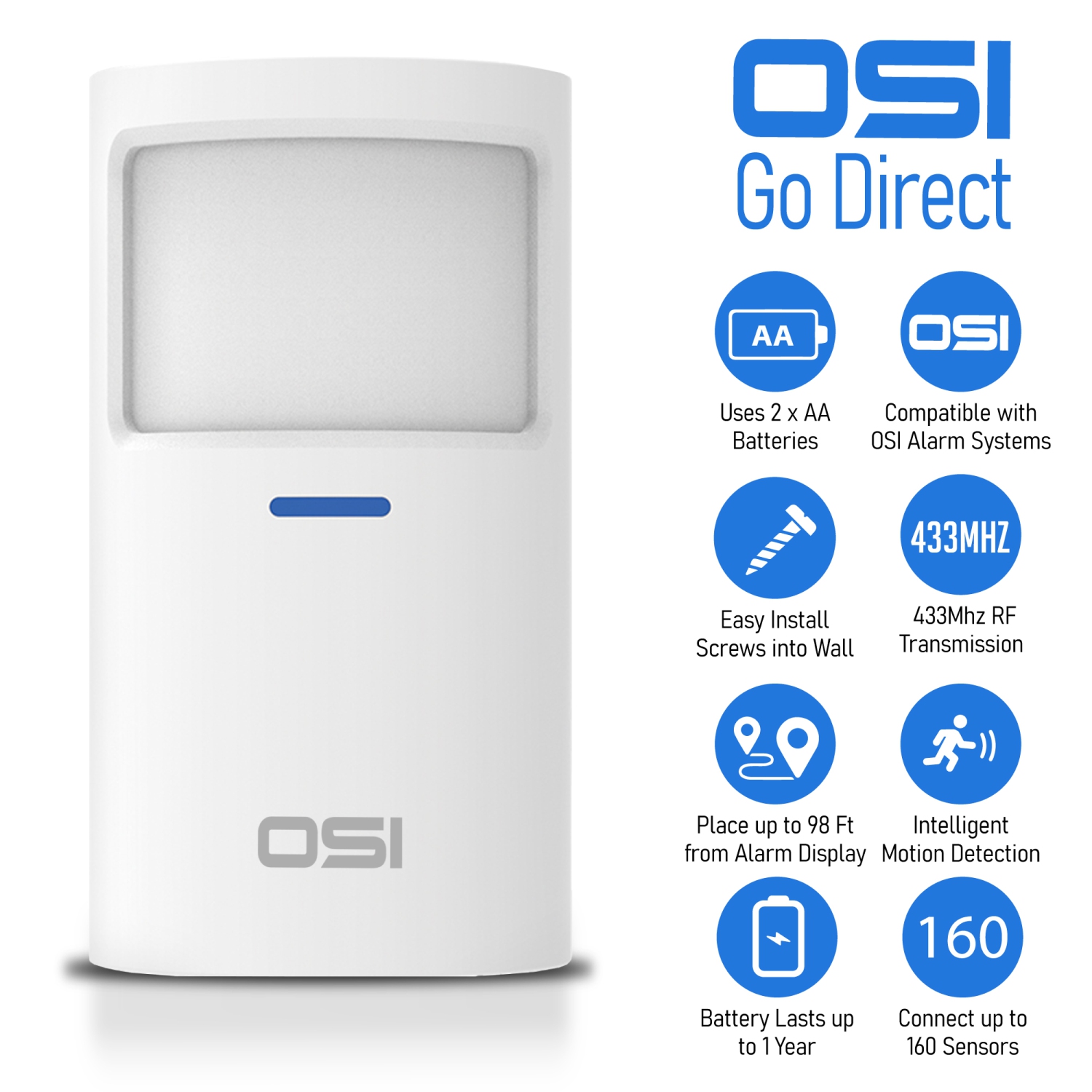 OSI Wireless Motion Sensors 2 Pack - Accessory for OSI Smart Alarm System (Gen 2), Wireless, Includes 2 AA Batteries, Pet Immunity, Wide Angle 110°.