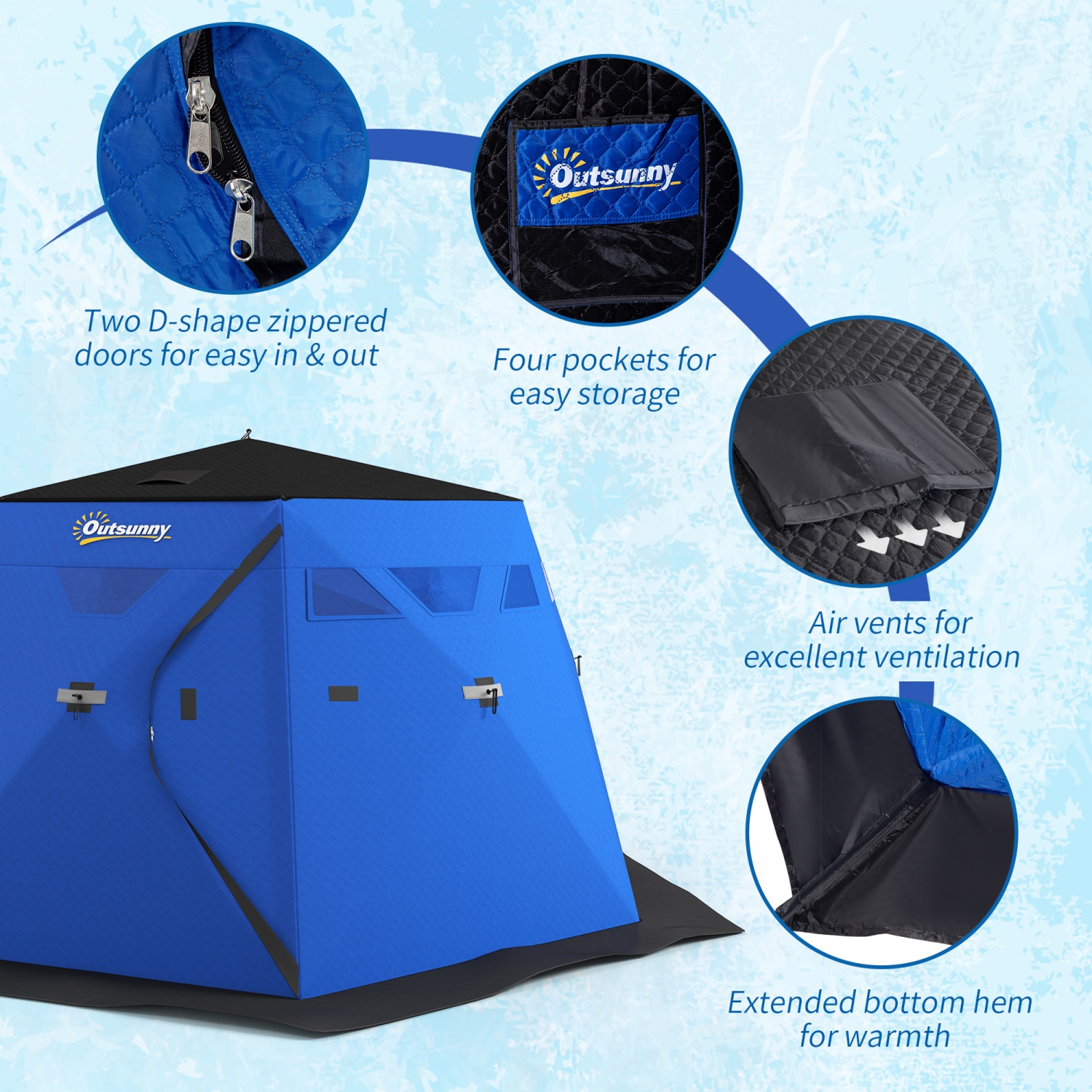 Outsunny 4 Person Insulated Ice Fishing Tent, Pop-Up Portable Ice Fishing Shelter with Carry Bag, Two Doors and Anchors for -22℉, Blue