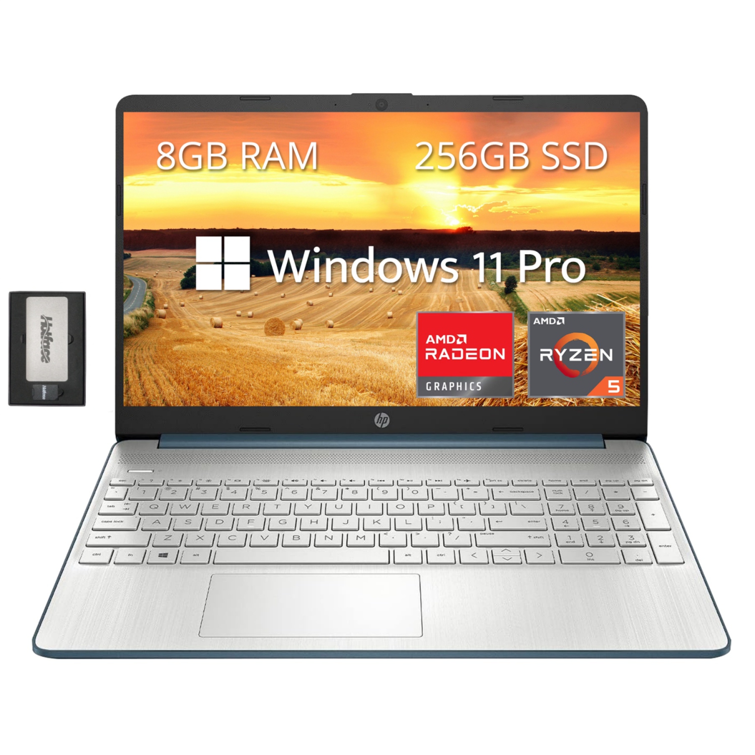 HP 15.6" FHD Laptop, AMD Ryzen 5-5500U (Beats Intel i7-1065G7), 256GB PCIe SSD, 8GB RAM, AMD Radeon Graphics, HD Webcam, Bluetooth, Blue, Win 11 Pro, 128GB Docking Station Set