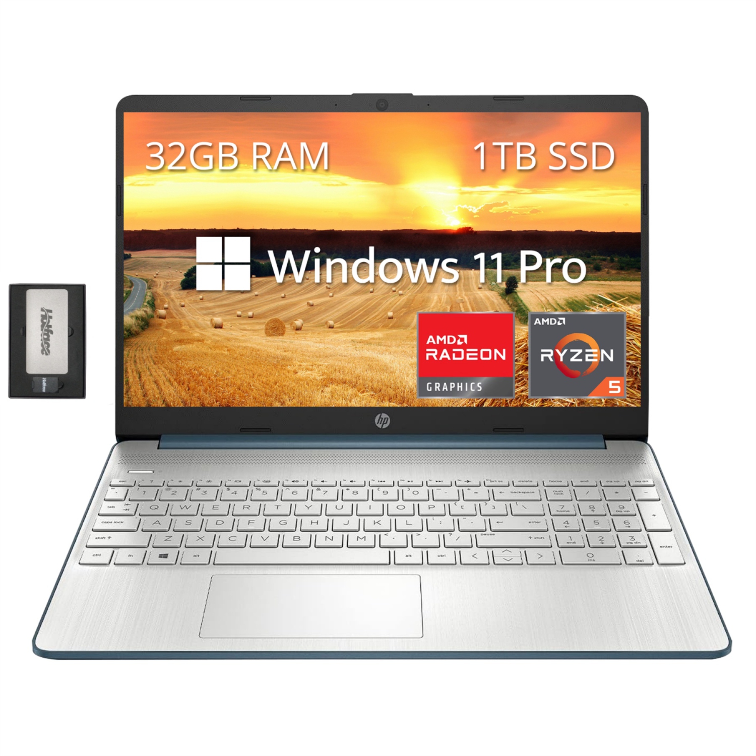 HP 15.6" FHD Laptop, AMD Ryzen 5-5500U (Beats Intel i7-1065G7), 1TB PCIe SSD, 32GB RAM, AMD Radeon Graphics, HD Webcam, Bluetooth, Blue, Win 11 Pro, 128GB Docking Station Set