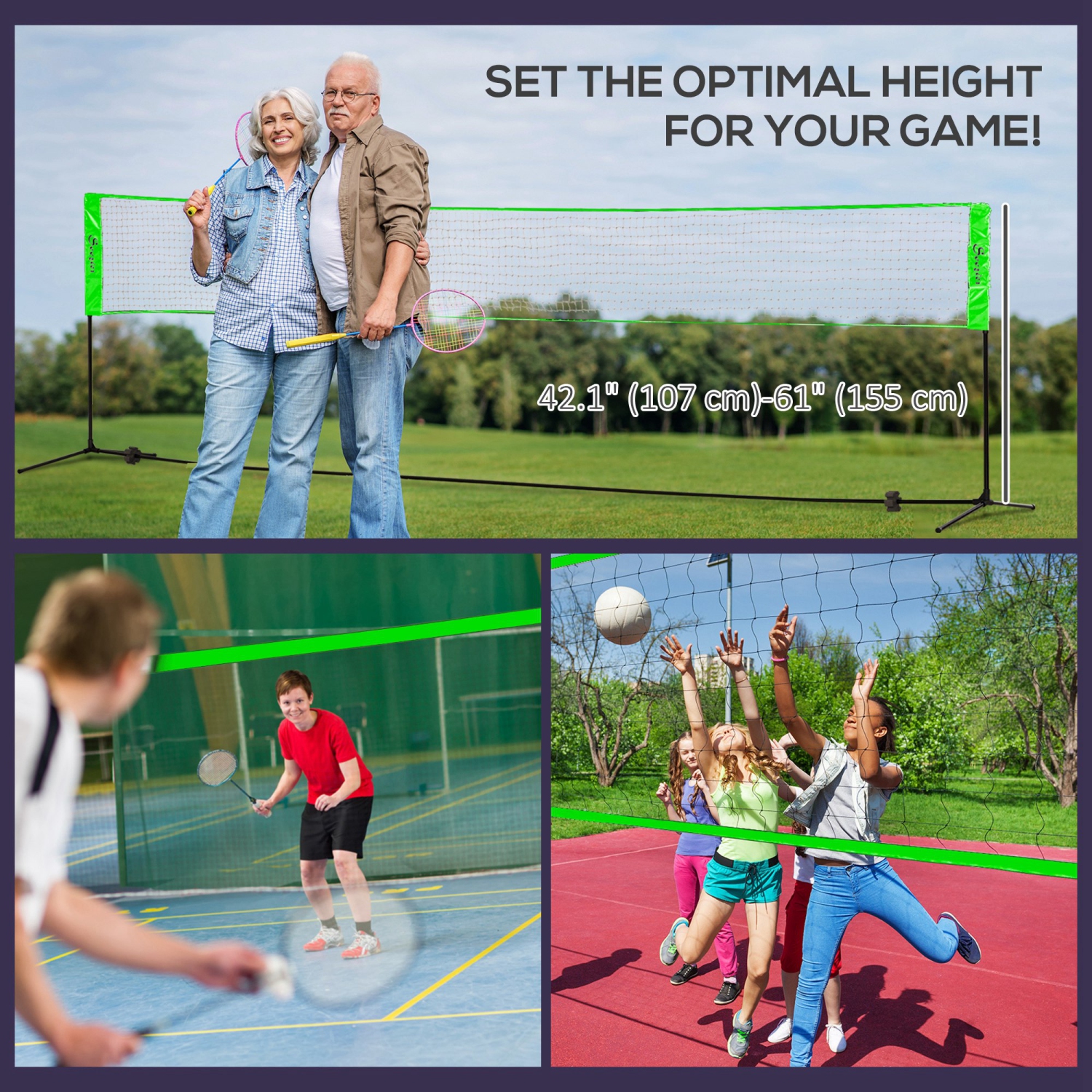 Jeu de badminton portatif de Soozier, filet de volleyball et de badminton à hauteur réglable 3-en-1 avec 3 volants, 4 raquettes, pour l'intérieur, la