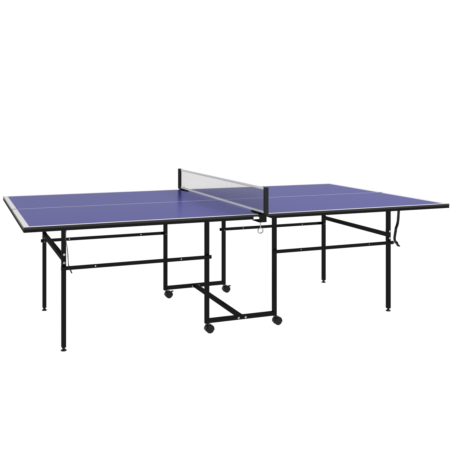 Soozier Full Size Ping Pong Table Set, Foldable Table Tennis Table with Net, 2 Paddles, 3 Balls, Portable Table with Wheels for Outdoor Indoor Use, Blue