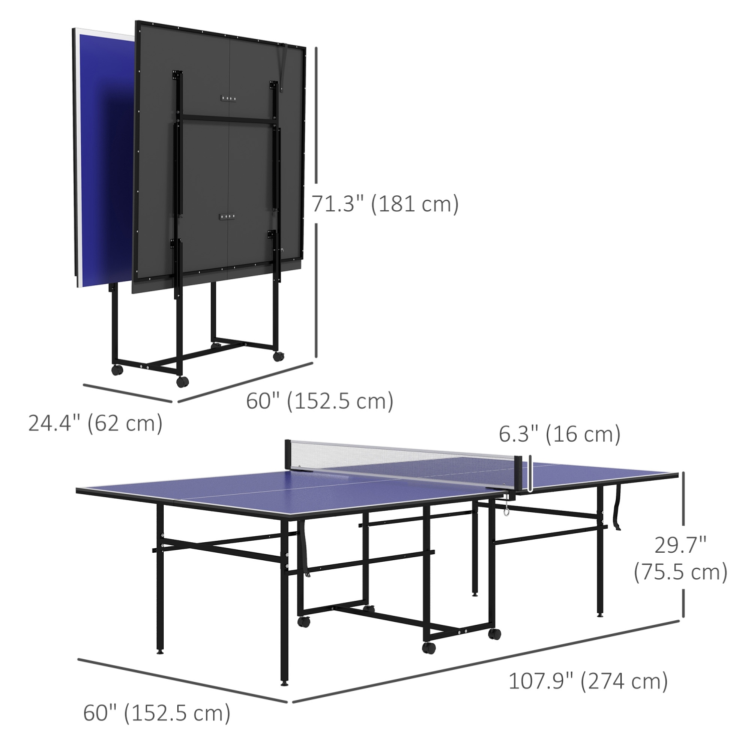 Soozier – Ensemble de table de tennis de table pleine grandeur, table de tennis de table pliable avec filet, 2 raquettes, 3 balles, table portative