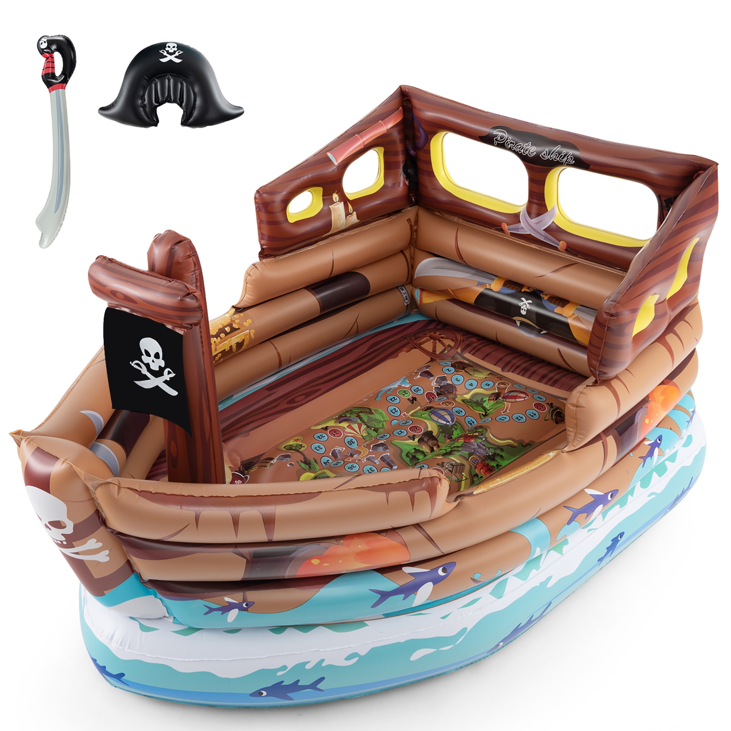 Gymax Inflatable Pirate Ship Playhouse w/ Built in Motor Inflatable Toy Sword