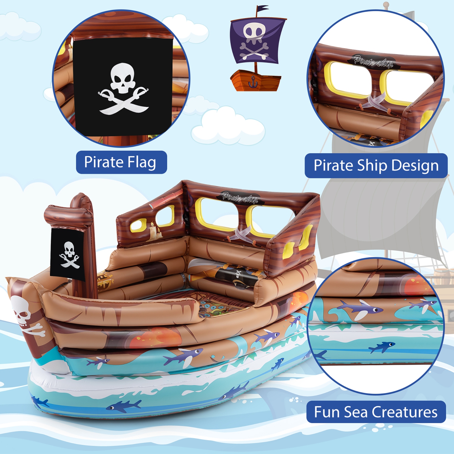 Gymax Inflatable Pirate Ship Playhouse w/ Built in Motor Inflatable Toy Sword