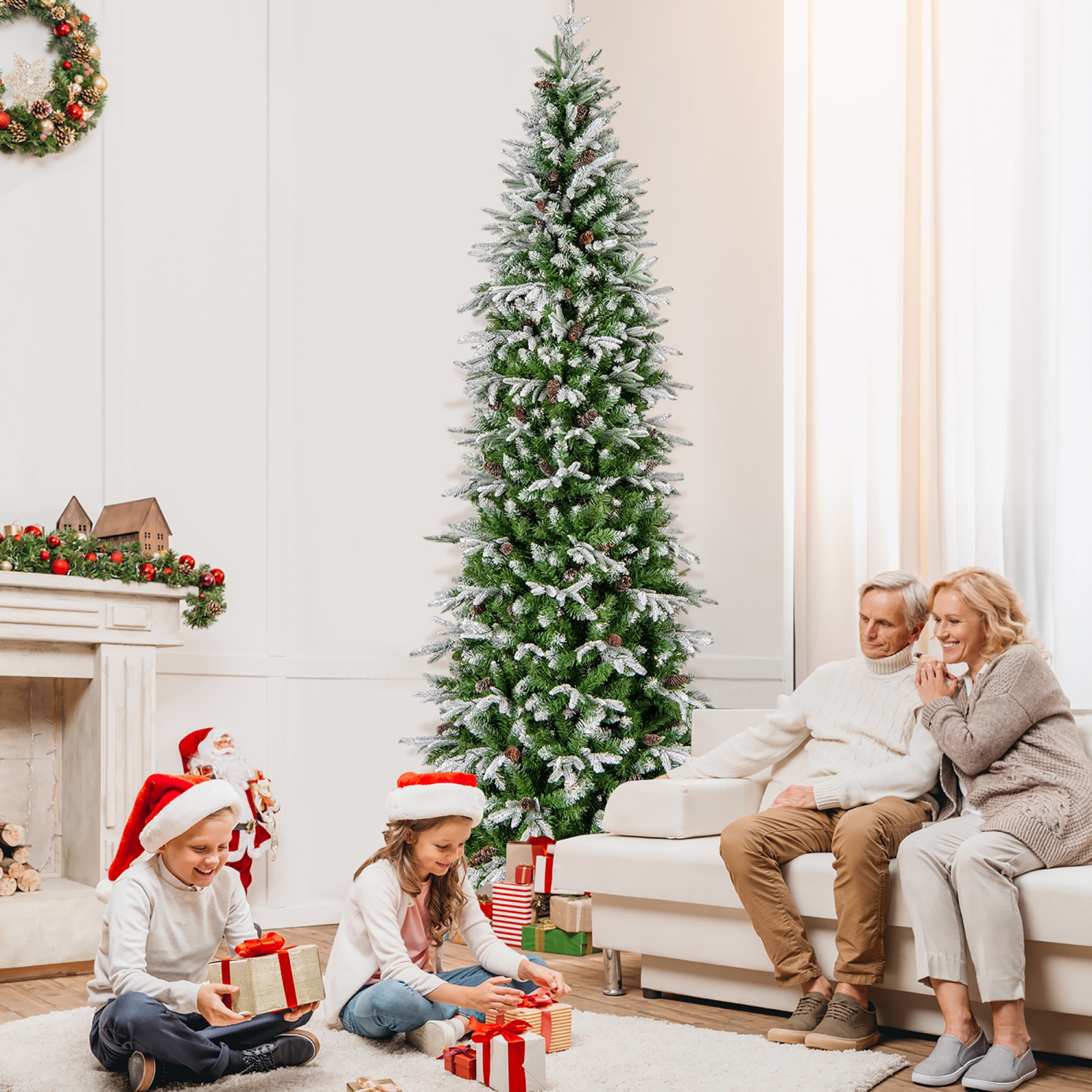 Gymax 6/7.5/9 FT Pre-Lit Artificial Christmas Tree Snow Flocked Hinged Xmas Tree