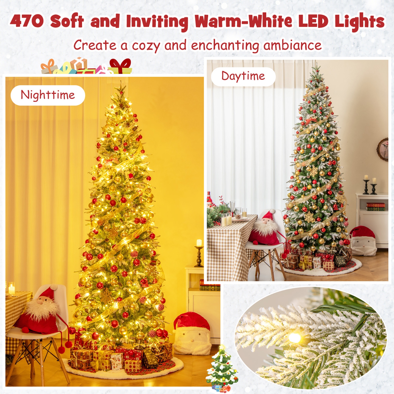 Gymax 6/7.5/9 FT Pre-Lit Artificial Christmas Tree Snow Flocked Hinged Xmas Tree