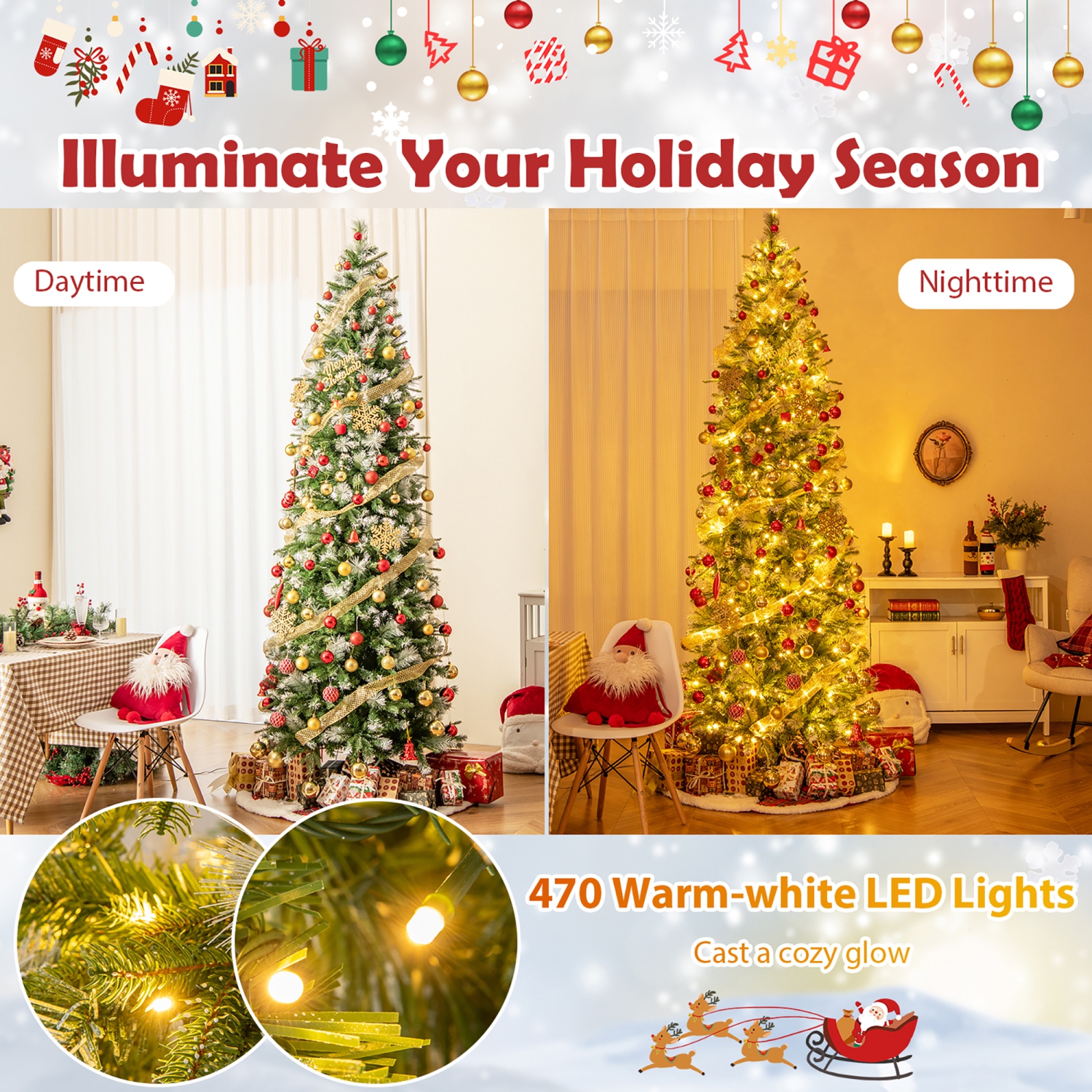 Gymax 9 FT Pre-Lit Artificial Christmas Tree w/ 1228 Frosted Tips 470 LED Lights