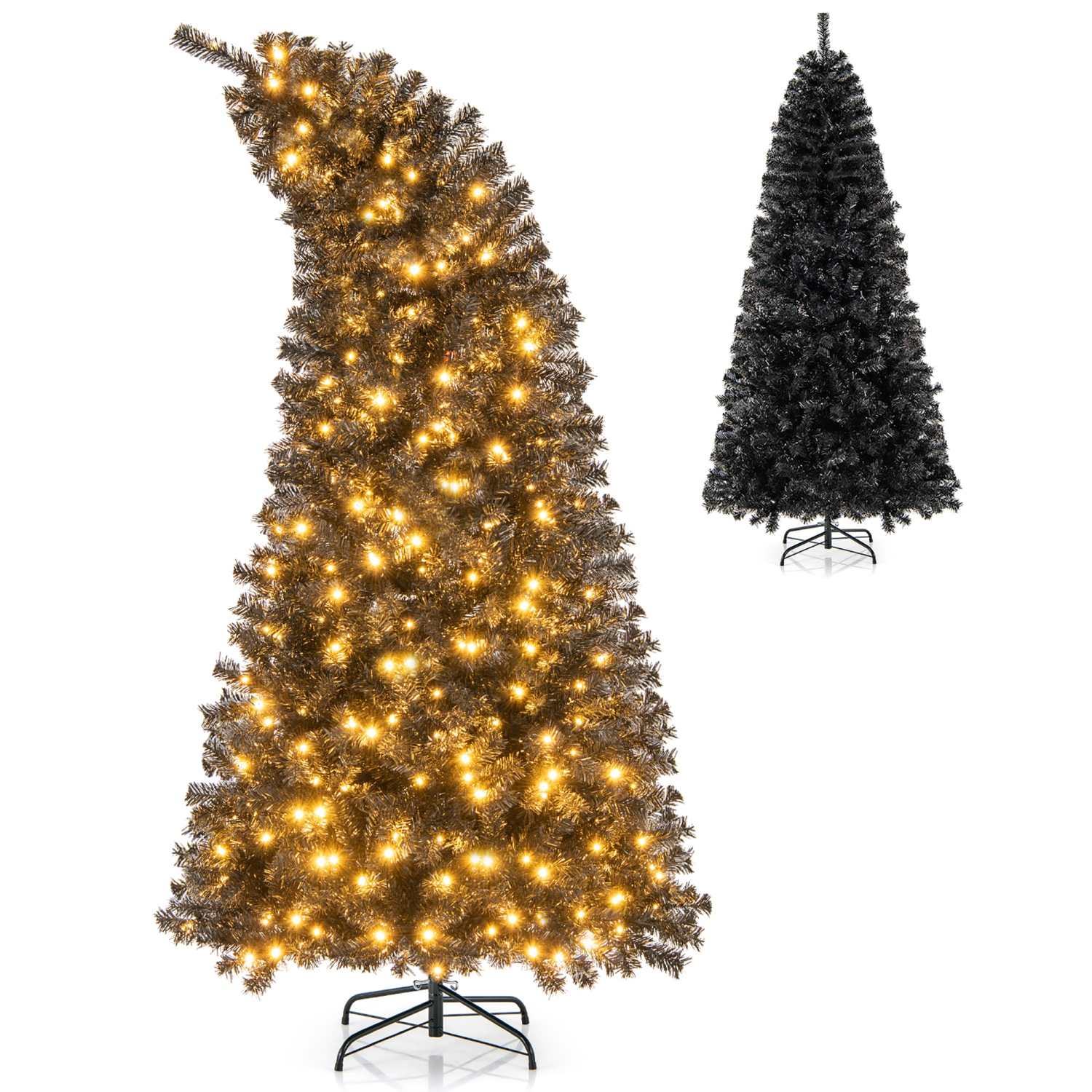 Gymax 6/7 FT Artificial Halloween Tree Pre-Lit Black Christmas Tree w/ Bendable Top Section