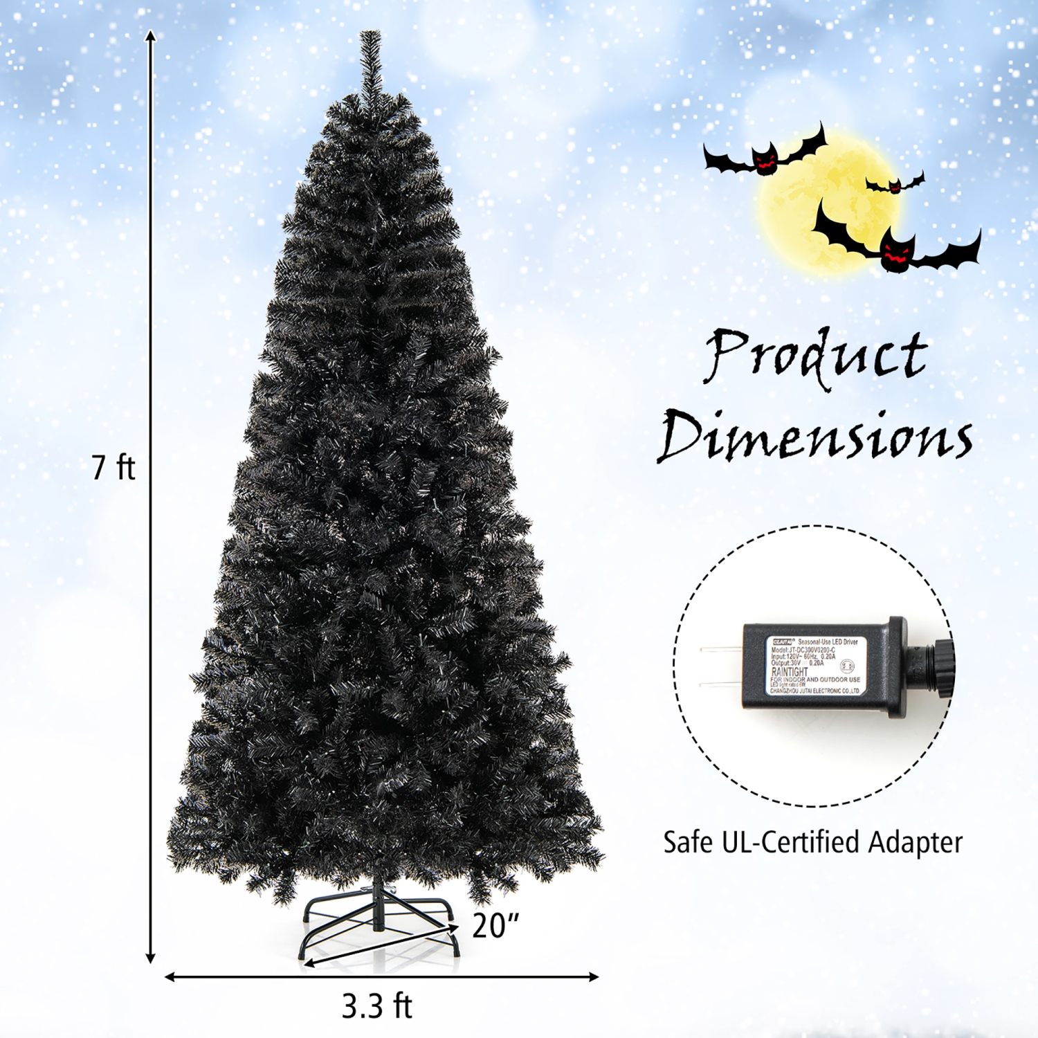 Gymax 6/7 FT Artificial Halloween Tree Pre-Lit Black Christmas Tree w/ Bendable Top Section
