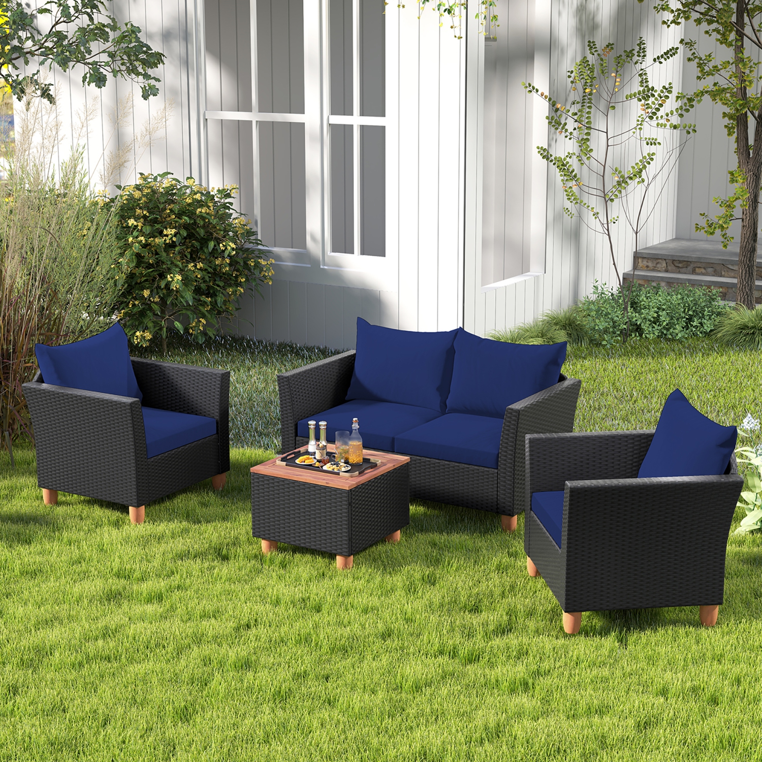 Gymax 4 PCS Wicker Patio Furniture Set w/ Removable Cushions Storage Coffee Table