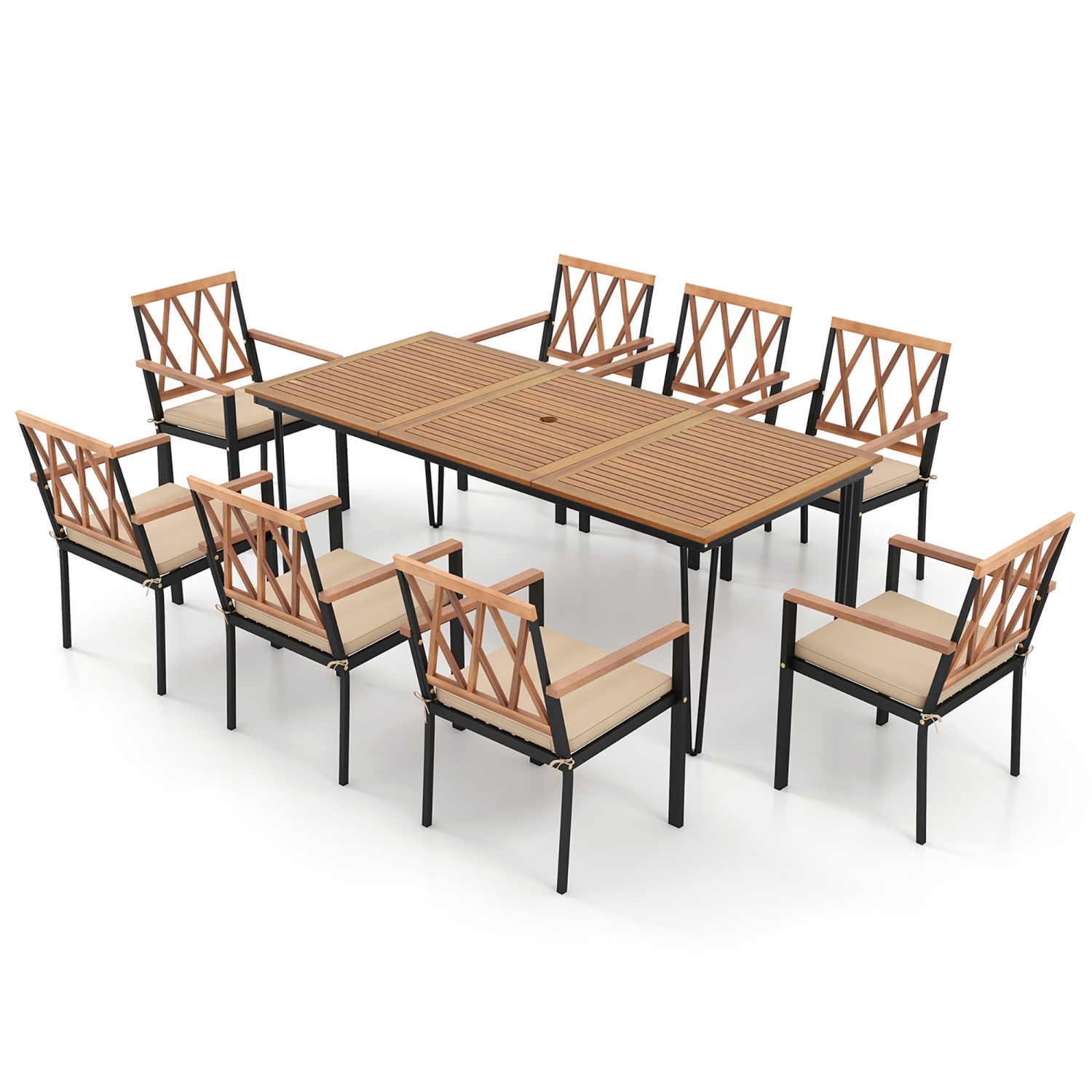 Gymax 9 PCS Patio Dining Set Rectangular Dining Table w/ Acacia Wood Top Umbrella Hole