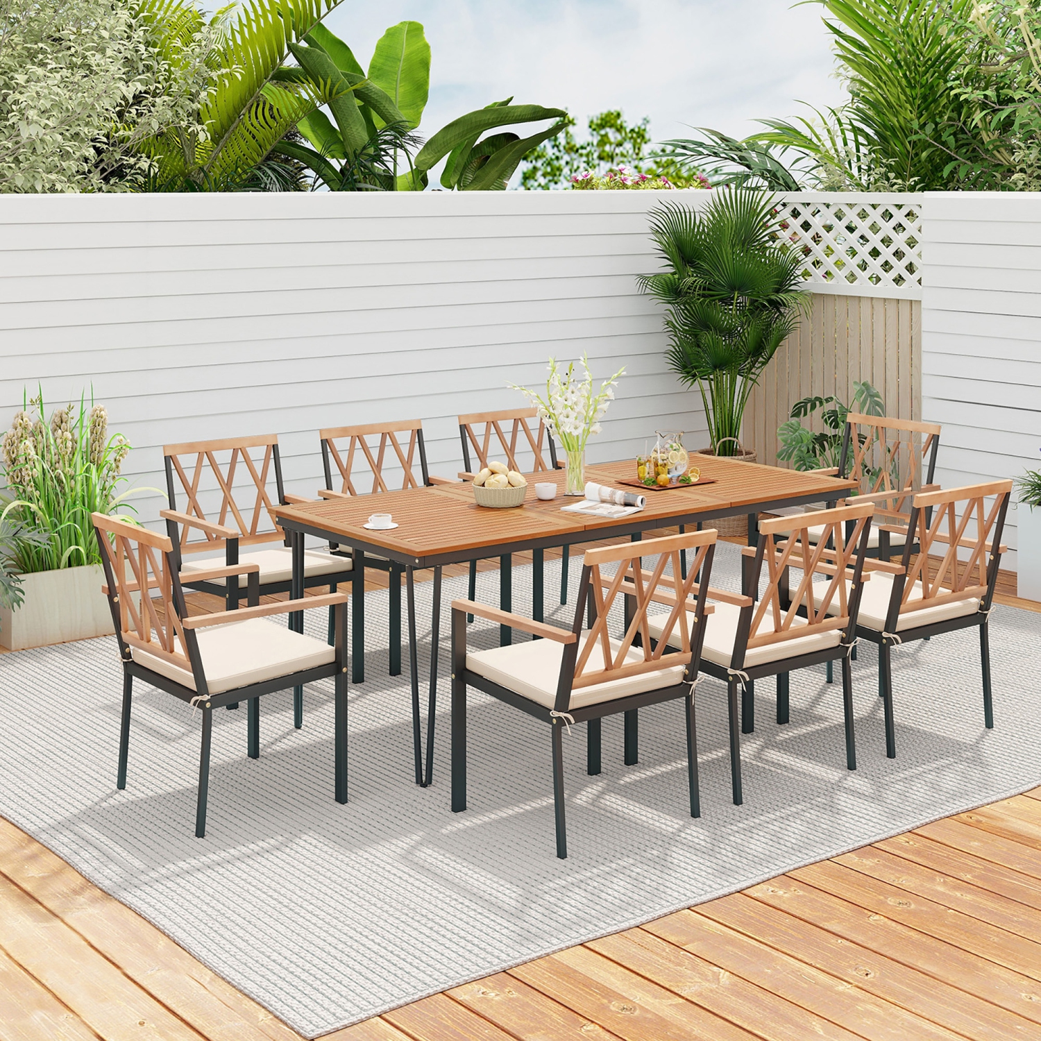 Gymax 9 PCS Patio Dining Set Rectangular Dining Table w/ Acacia Wood Top Umbrella Hole
