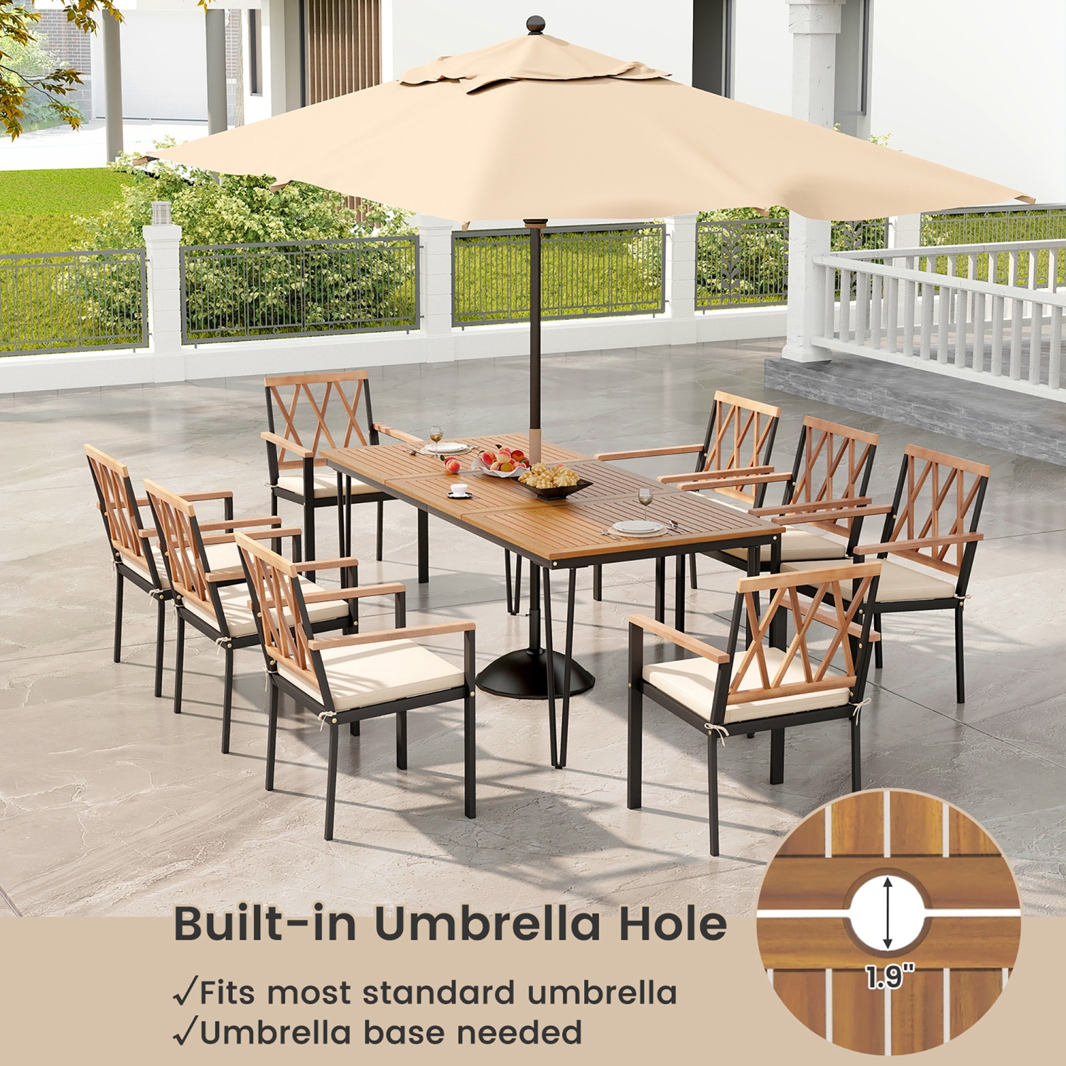 Gymax 9 PCS Patio Dining Set Rectangular Dining Table w/ Acacia Wood Top Umbrella Hole